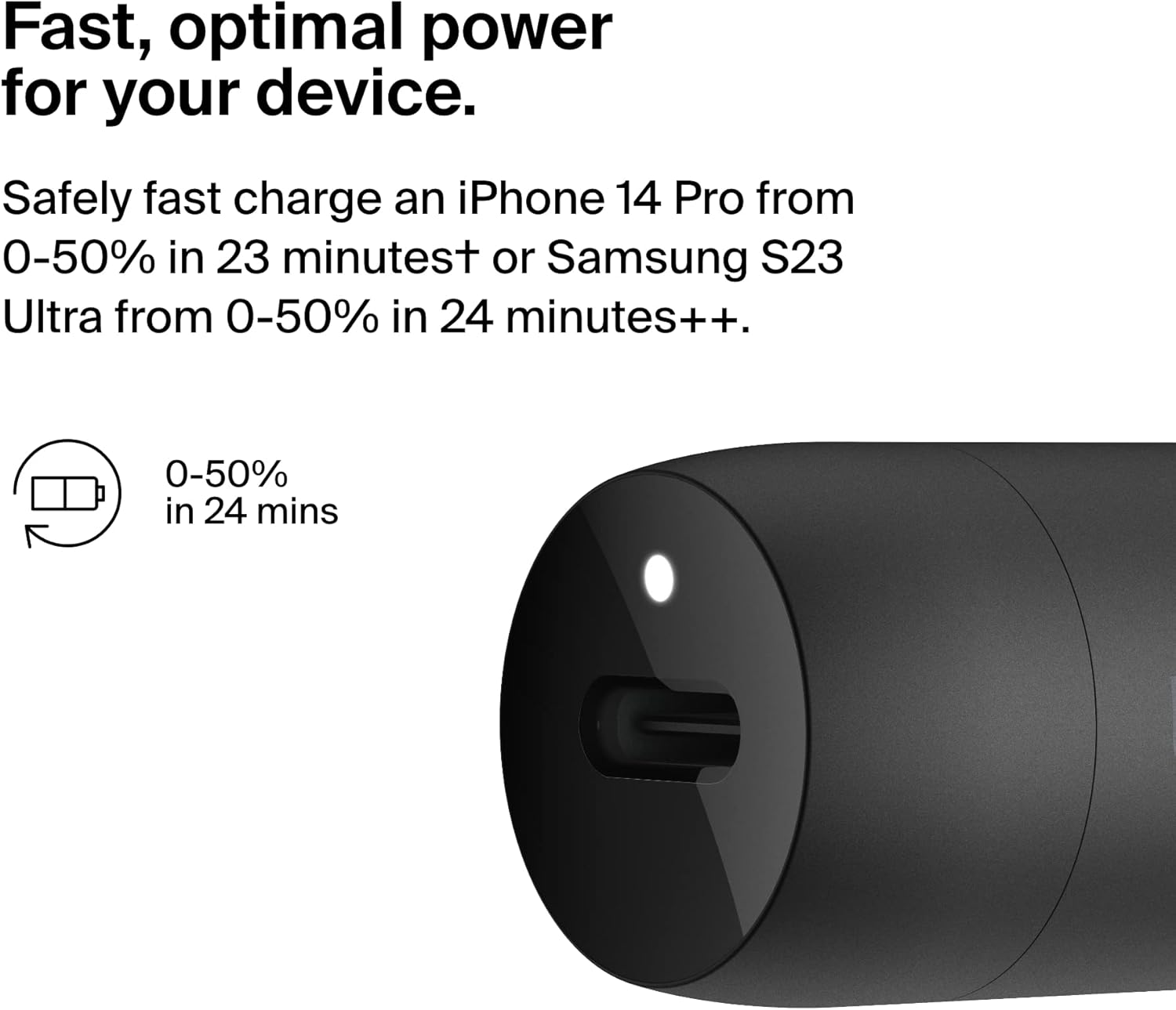 Fast, optimal power for your device. Safely fast charge an iPhone 14 Pro from 0-50% in 23 minutes or a Samsung S23 Ultra from 0-50% in 24 minutes.