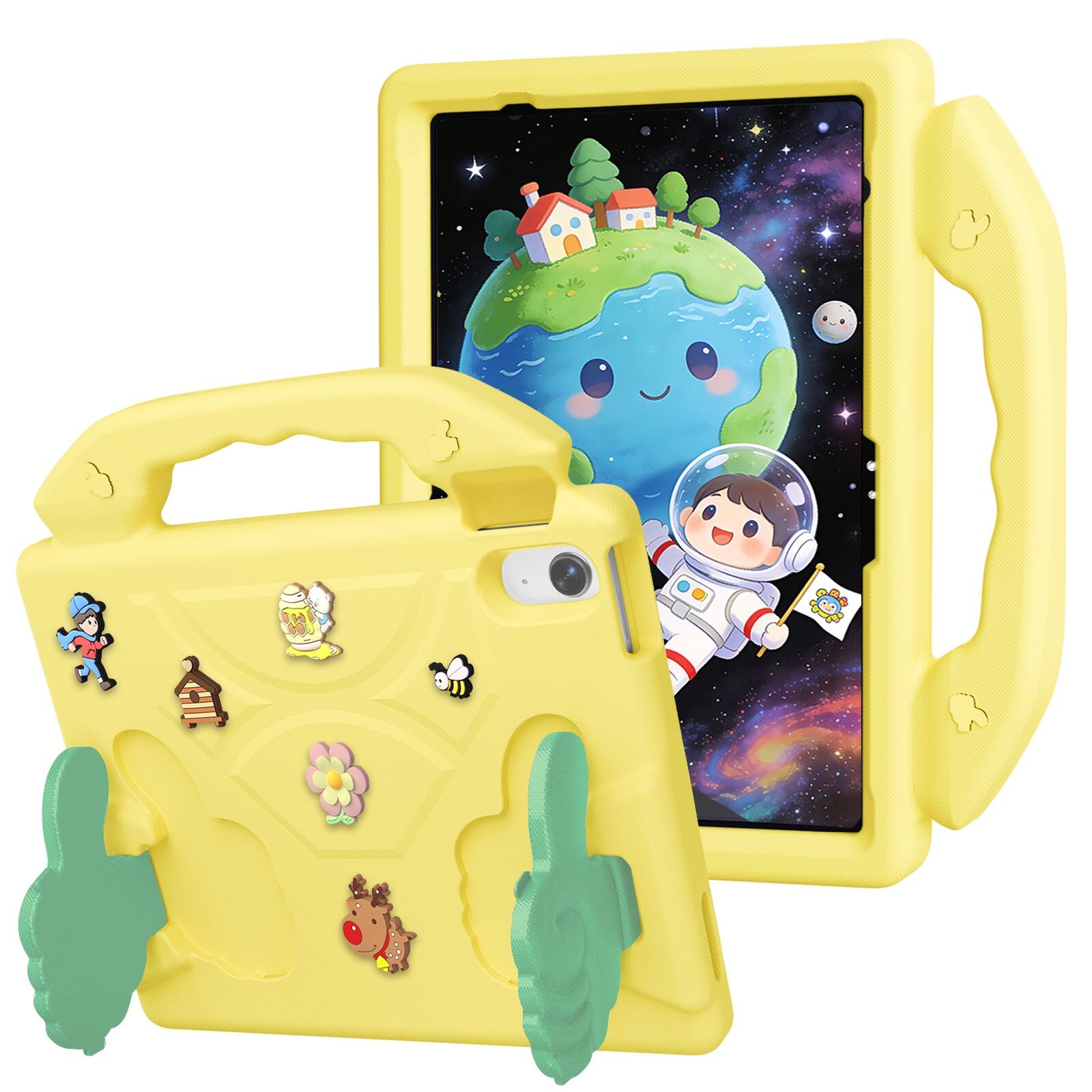 Angle. UUCOVER - Kids Case for iPad (A16) 11-inch 2025 / iPad 10th Gen 2022 Cute Shockproof EVA Handle Stand Anti-Slip Protective Cover - Yellow.