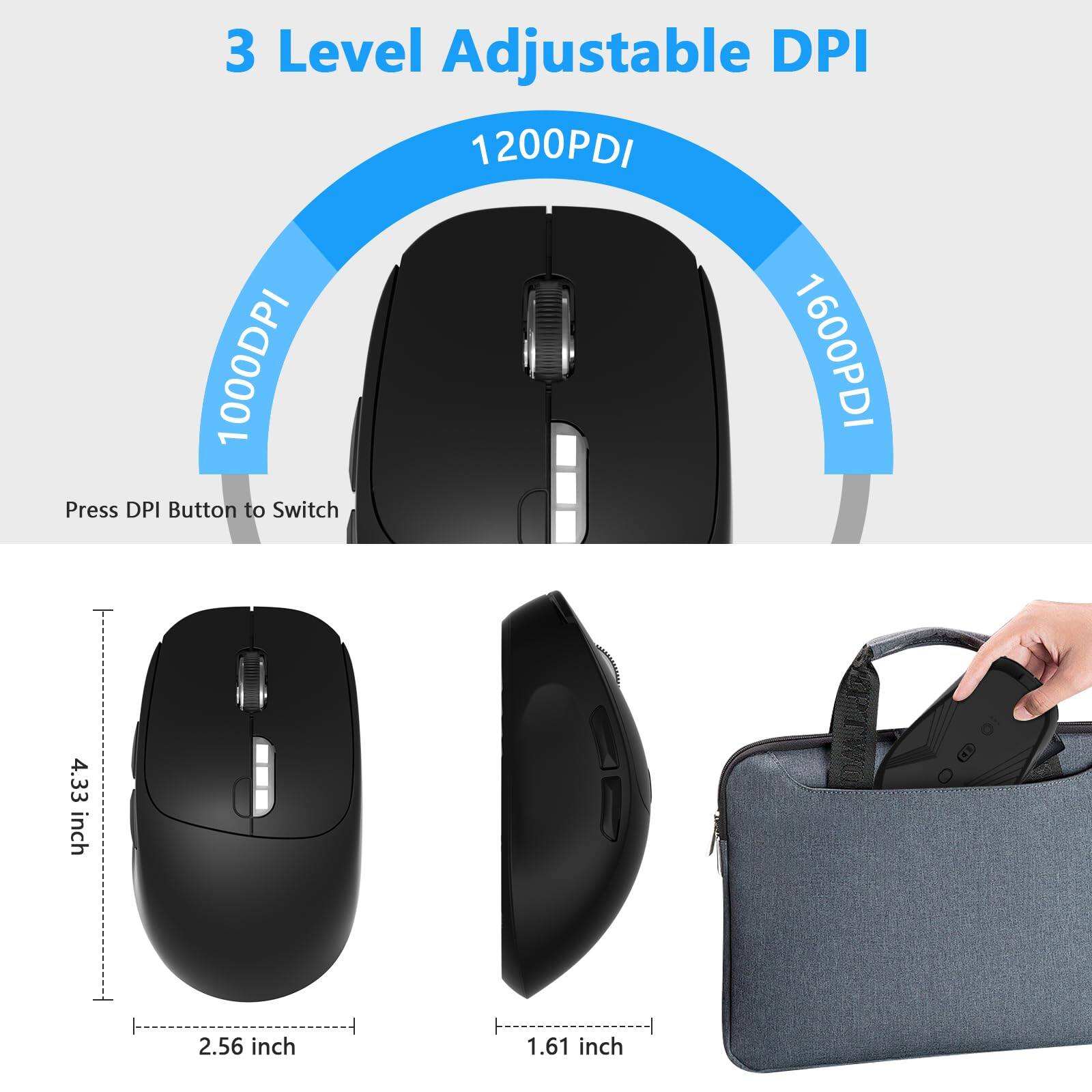 3 Level Adjustable DPI  
1200DPI  
1000DPI  
1600DPI  
Press DPI Button to Switch  

4.33 inch  
2.56 inch  
1.61 inch