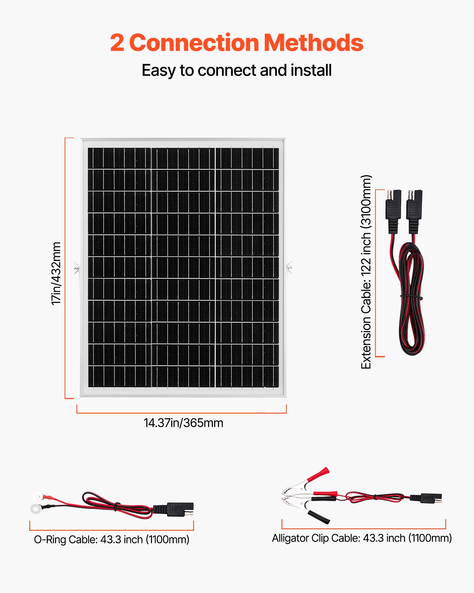 2 Connection Methods  
Easy to connect and install  

17in/432mm (3100mm)  
Extension Cable: 122 inch  
O-Ring Cable: 43.3 inch (1100mm)  
Alligator Clip Cable: 43.3 inch (1100mm)
