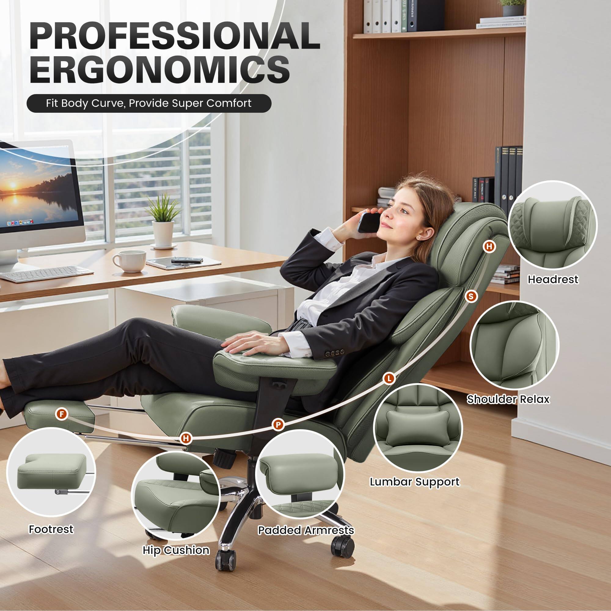PROFESSIONAL ERGONOMICS  
Fit Body Curve, Provide Super Comfort  

- Headrest  
- Shoulder Relax  
- Lumbar Support  
- Padded Armrests  
- Hip Cushion  
- Footrest