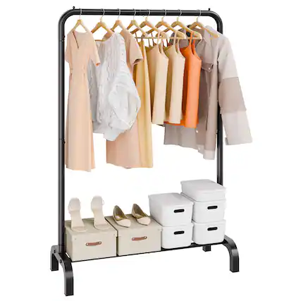 Front. VEVOR - Clothes Rack, Heavy Duty Clothing Garment Rack with Hanging Rod and Bottom Storage Area, Clothing Rack for Bedroom - Black.