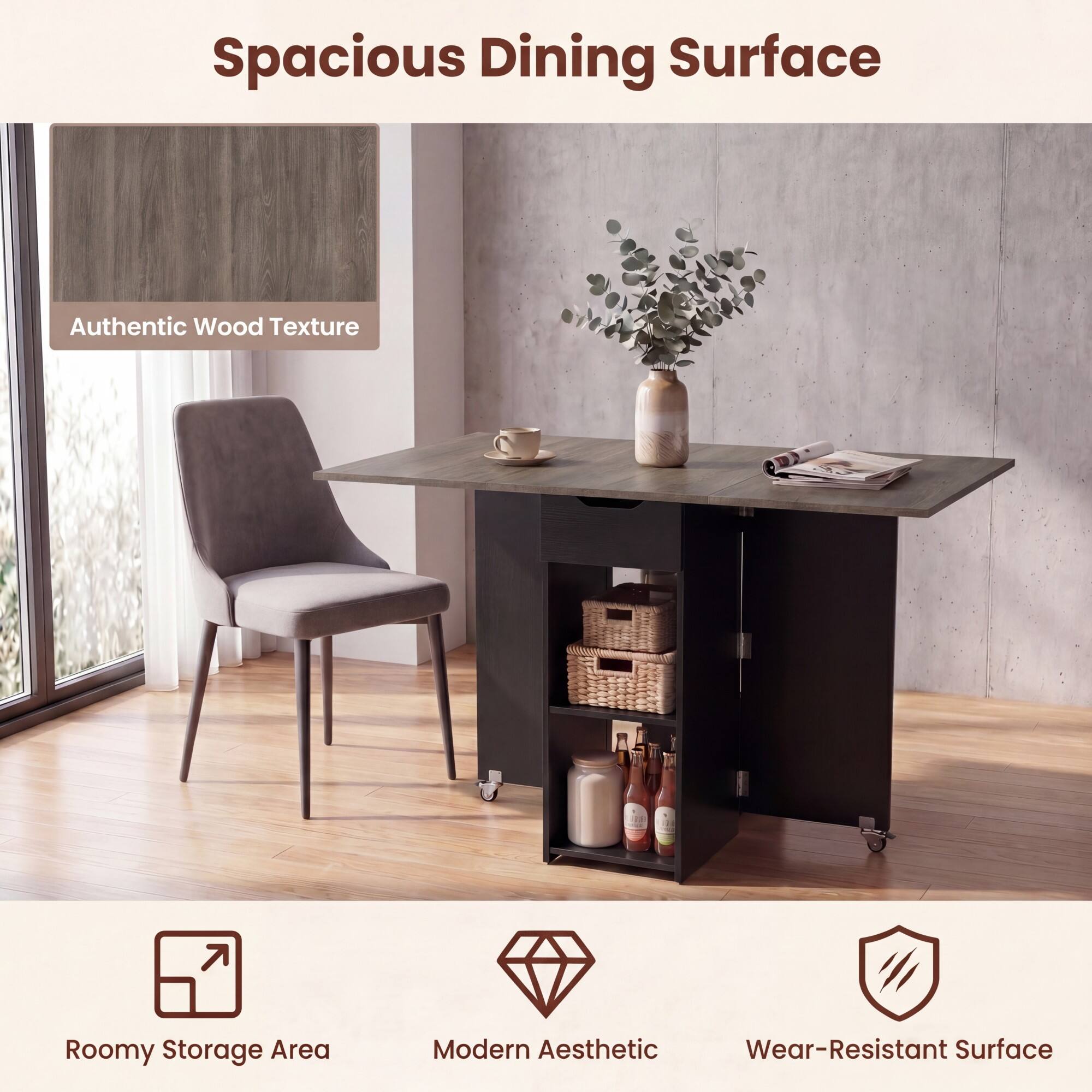 Spacious Dining Surface  
Authentic Wood Texture  
Roomy Storage Area  
Modern Aesthetic  
Wear-Resistant Surface