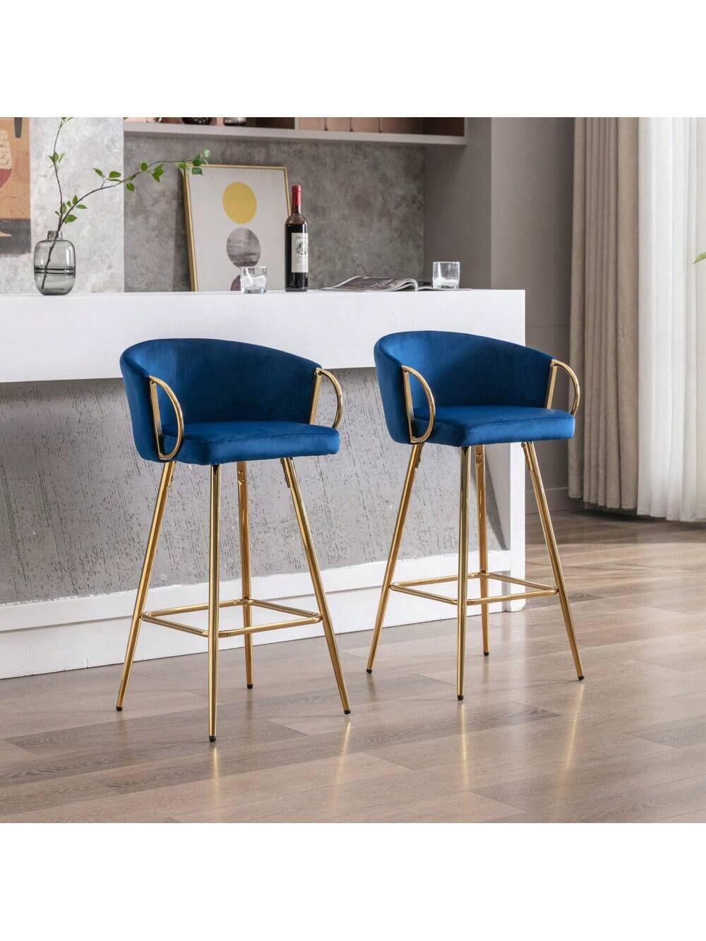 Angle. Trinkets Crazed - 26" Velvet Counter Stools Set Of 2, Luxury Bar Chair With Low Back and Gold Legs For Kitchen Island - Blue.