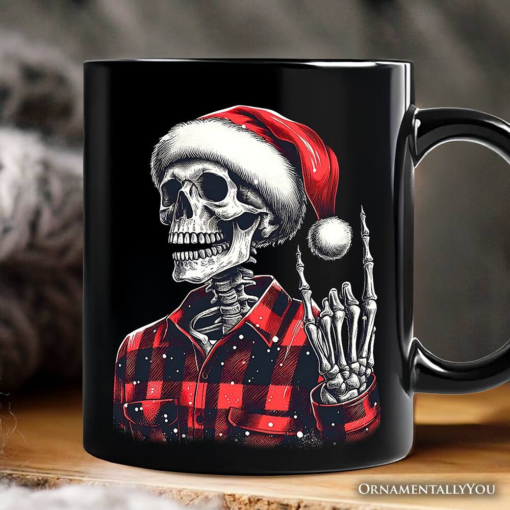 Back. OrnamentallyYou - Buffalo Plaid Christmas Skeleton Mug, Brutal Guys Gift - Black.