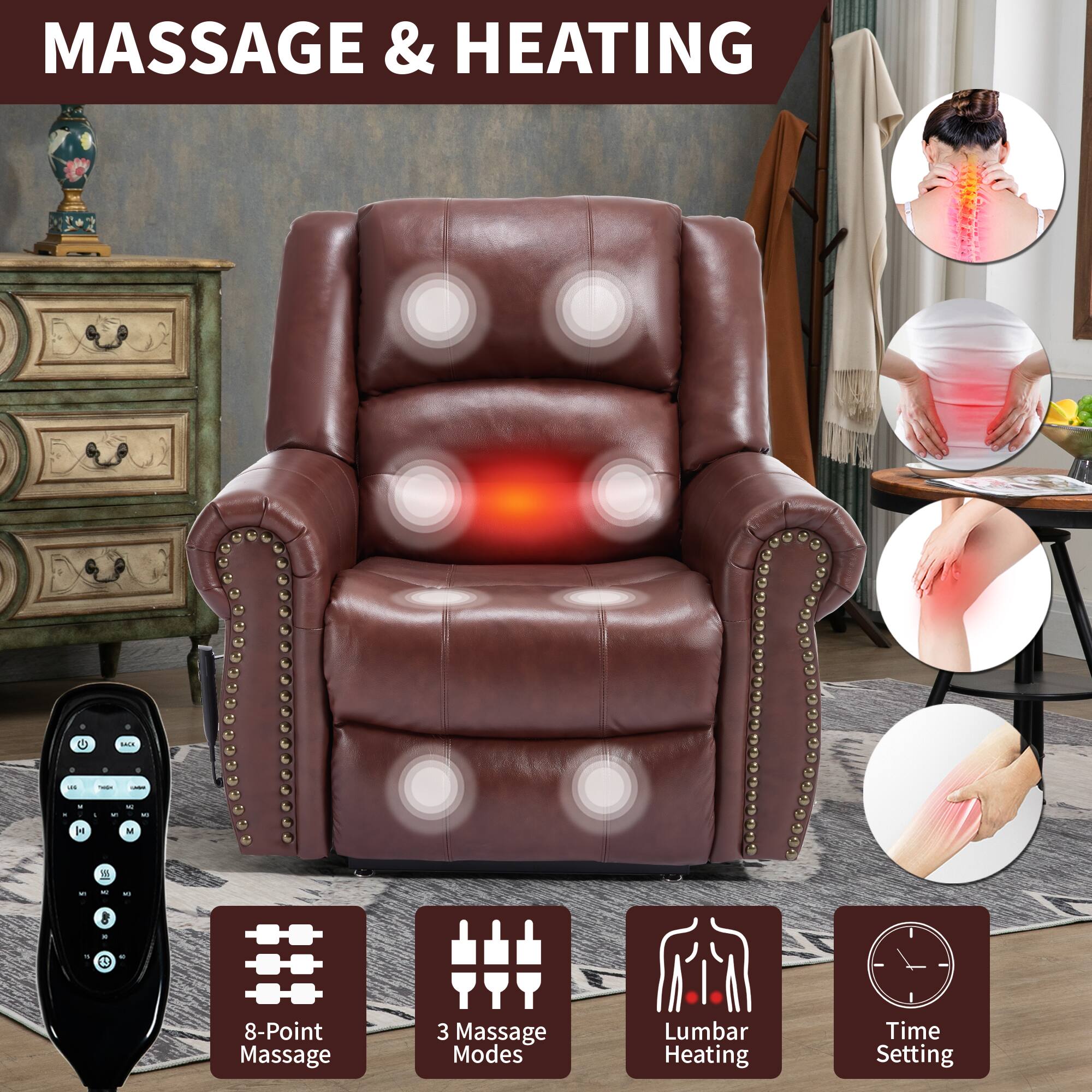 MASSAGE & HEATING

- 8-Point Massage
- 3 Massage Modes
- Lumbar Heating
- Time Setting