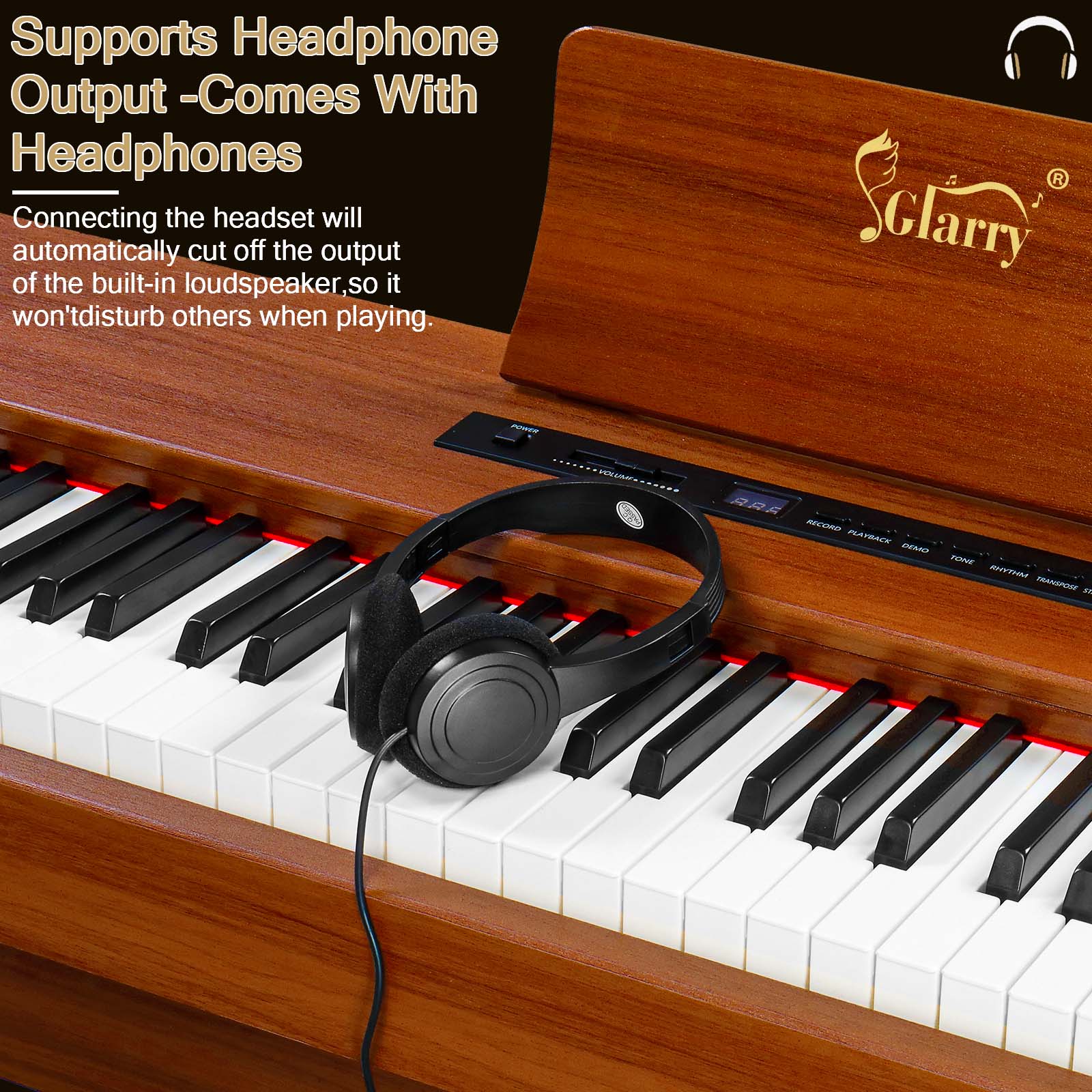 Supports Headphone Output - Comes With Headphones

Connecting the headset will automatically cut off the output of the built-in loudspeaker, so it won't disturb others when playing.