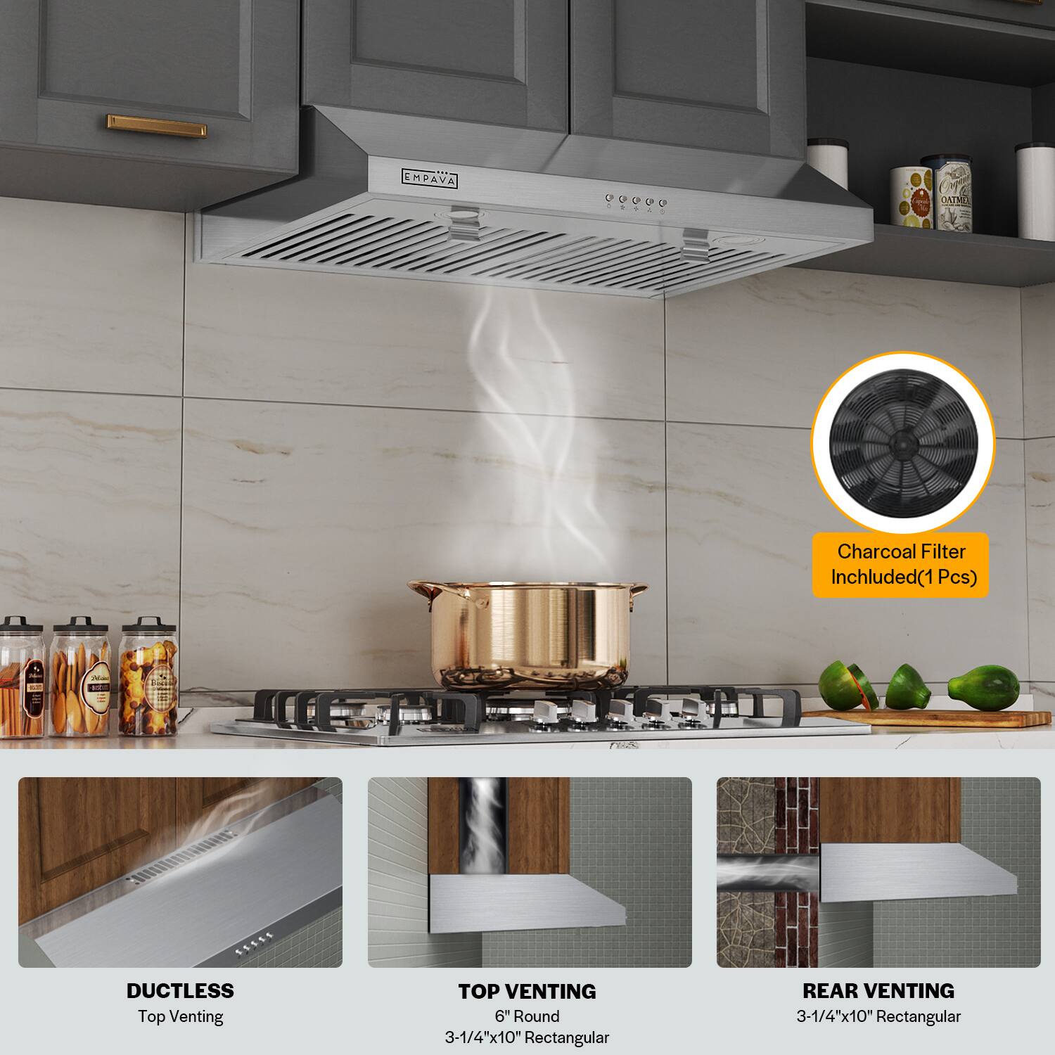 MPAVA PU - Charcoal Filter Included (1 Pcs) & Ductless Top Venting 6" Round 3-1/4"x10" Rectangular & Rear Venting 3-1/4"x10" Rectangular