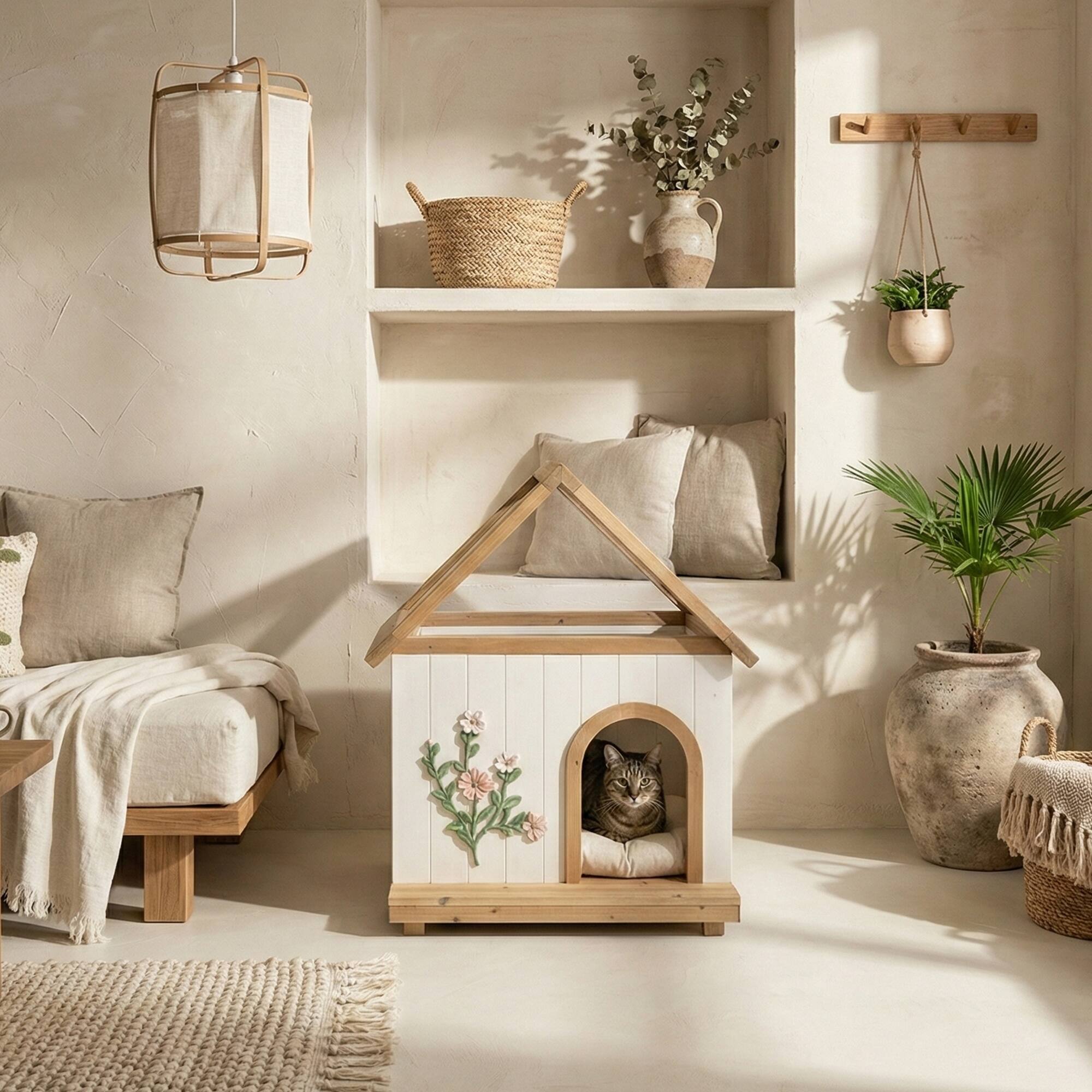 Front. Tiramisubest - Transparent Roof Pet House with Floral Carving FSC-Certified Cedar Indoor Shelter for Cats & Small Dogs - White,Wood.