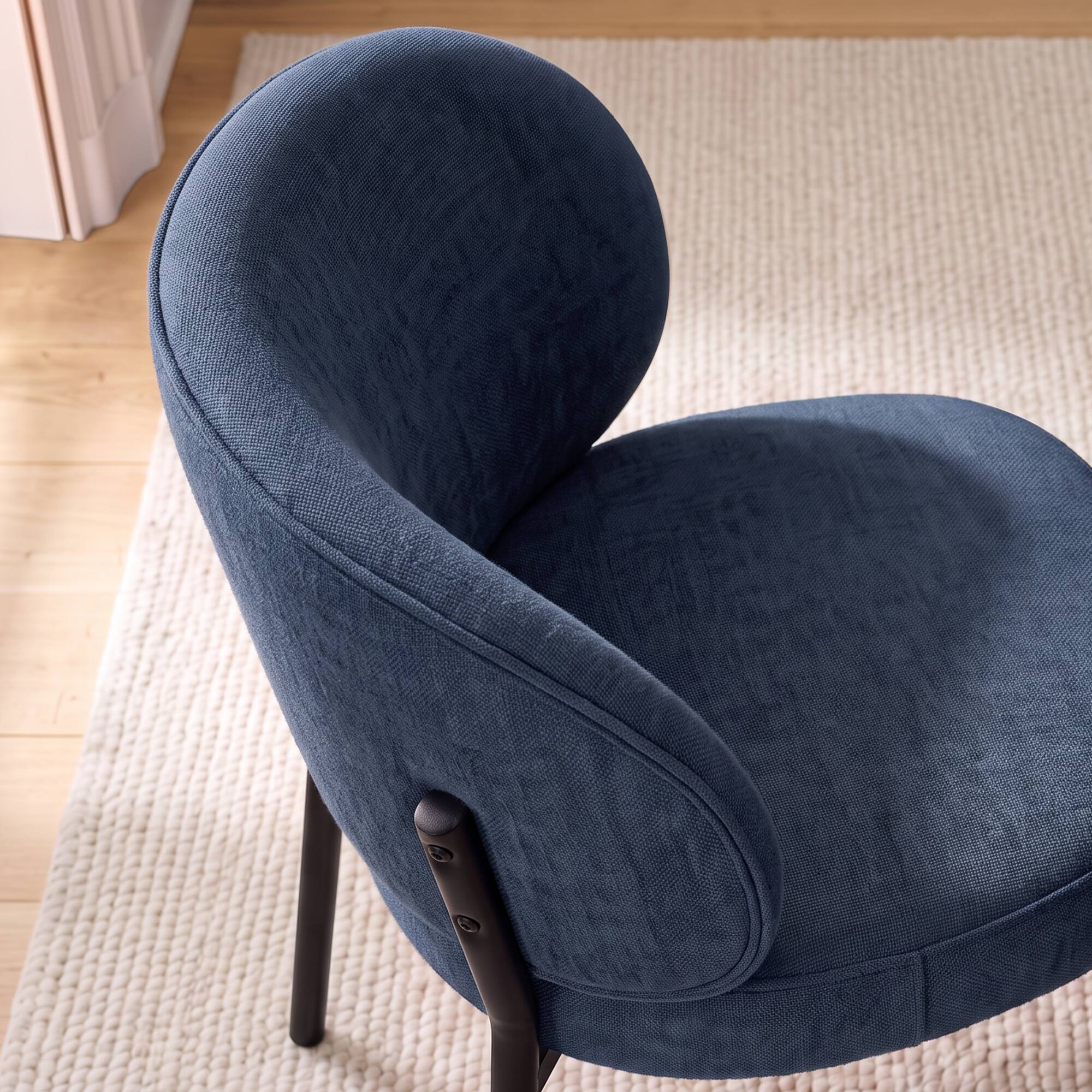Left. KERDOM - Modern 2pcs Dining Chair, Upholstered Chenille Kitchen Chair, Widen Curved Backrest, Metal Leg, Armless Restaurant Chair - Blue.