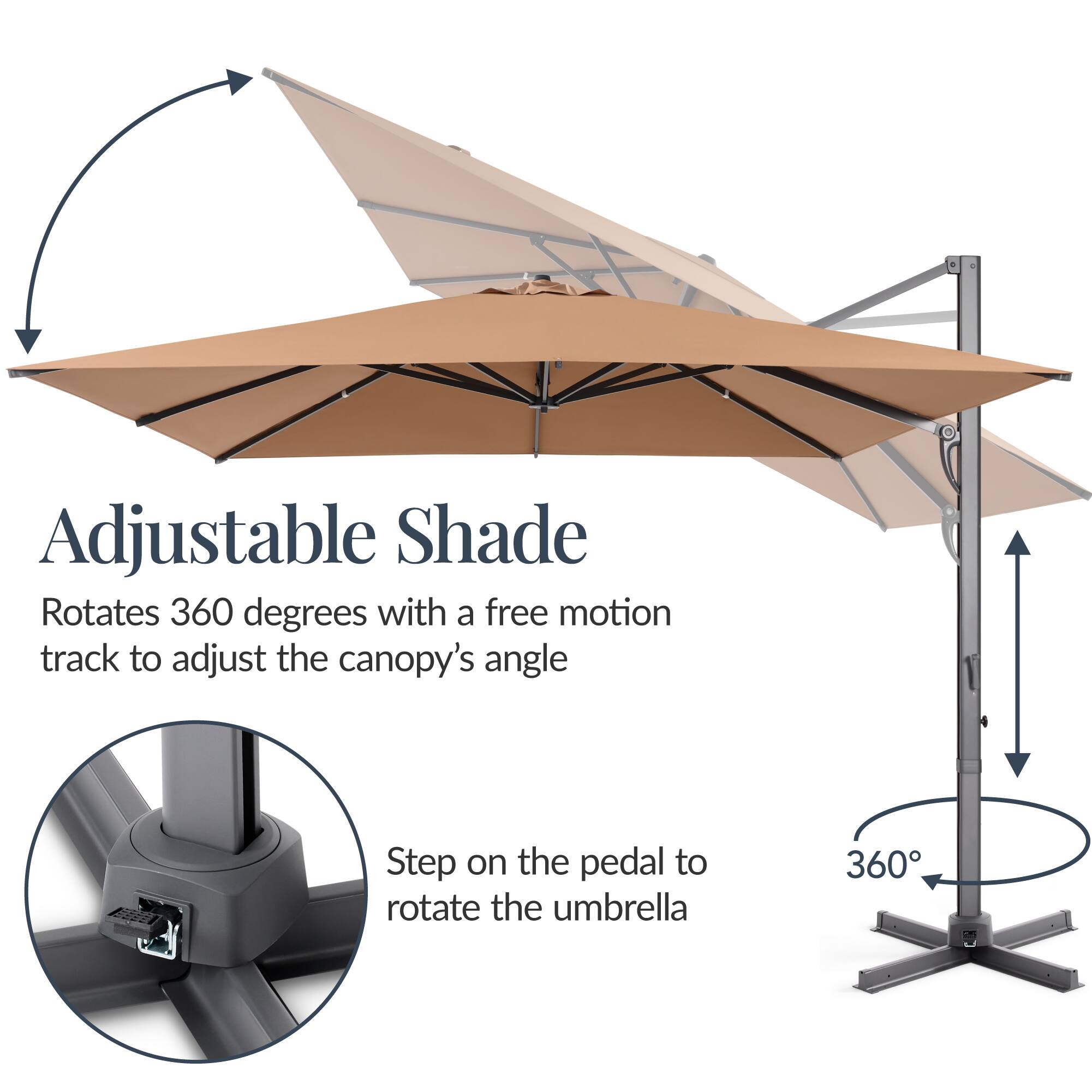 Adjustable Shade Rotates 360 degrees with a free motion track to adjust the canopy's angle

Step on the pedal to rotate the umbrella