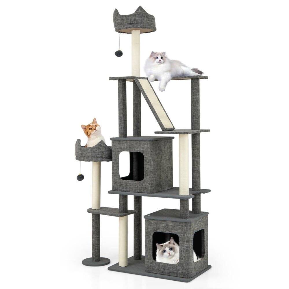 Left. Kadyn - 71-Inch Tall Multi-Level Cat Condo Tower with Sisal Scratching Posts, Grey - Gray.