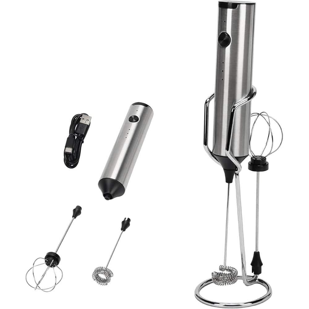 ACJPR - Rechargeable Milk Frother with Stand, Dual Stainless Steel Whisks, USB-C Mini Mixer, 3-Speed Handheld Drink Mixer for La - Silver