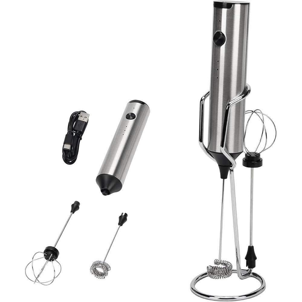 Front. ACJPR - Rechargeable Milk Frother with Stand, Dual Stainless Steel Whisks, USB-C Mini Mixer, 3-Speed Handheld Drink Mixer for La - Silver.