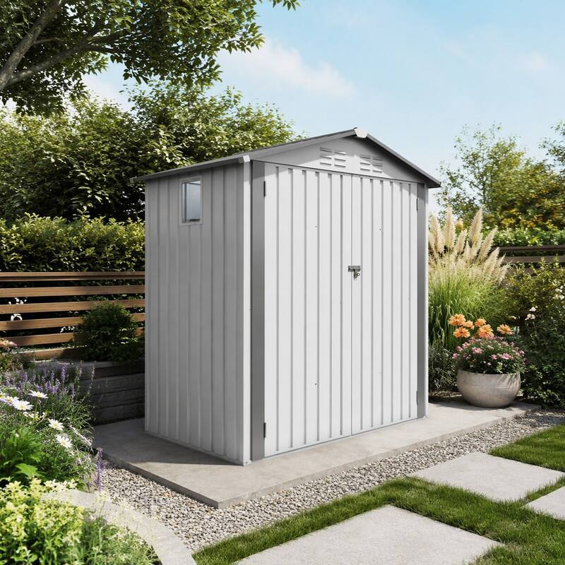 Angle. RYHNUYNE - White 6 x 3.6 FT Metal Storage Shed,Waterproof Tool Shed with Peaked Roof for Garden Patio Bike Storage - White+gray.