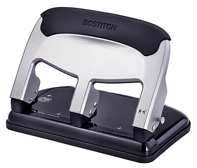 Front. Bostitch - EZ Squeeze 3-Hole Punch, 40 Sheet Capacity, Silver/Black - Silver/Black.