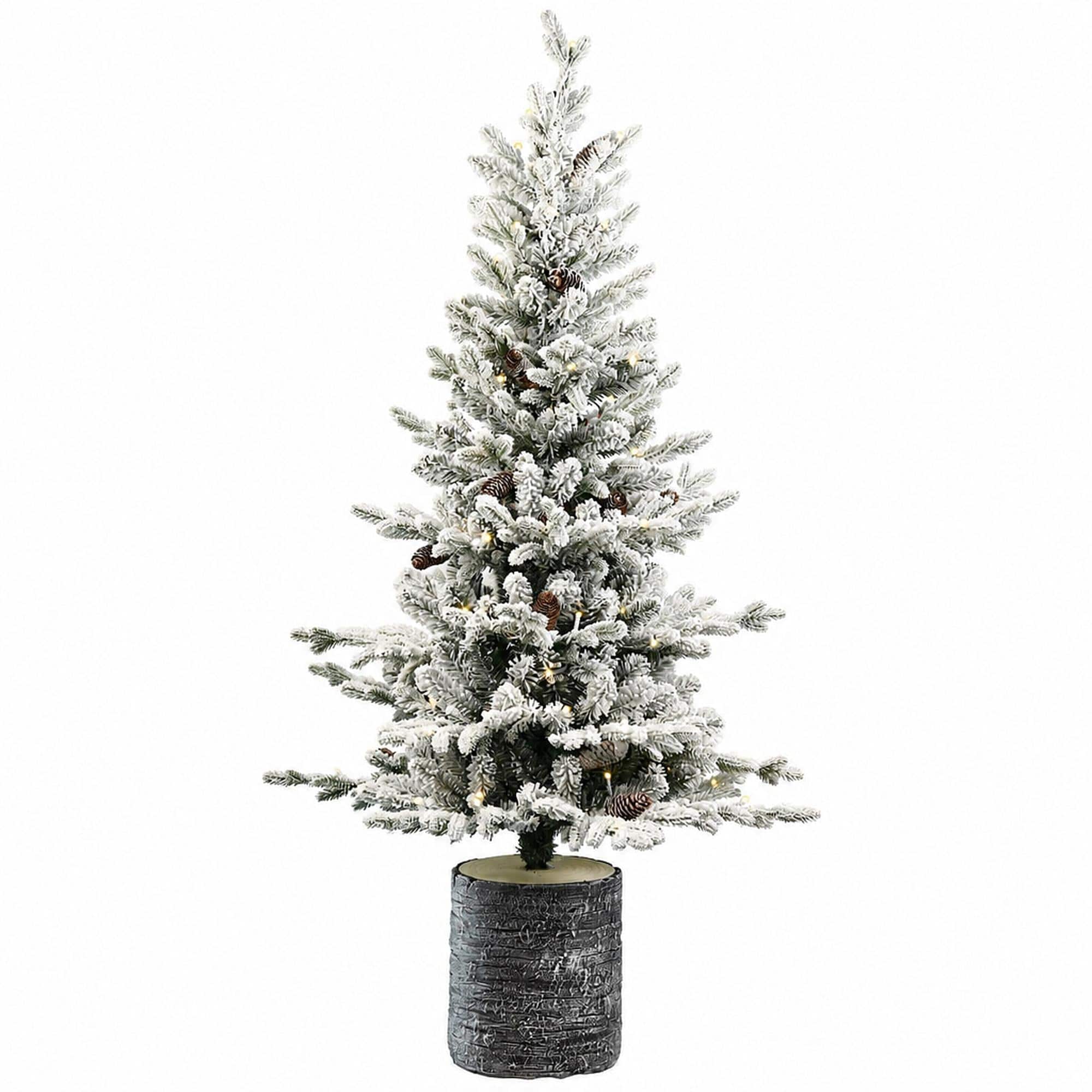 RYHNUYNE - 2FT Mini Flocked Pre-Lit Christmas Tree, 30 Warm White LED Lights 189 Tips PE+PVC 3 Pine Cones Pot Base Tabletop - White+Green