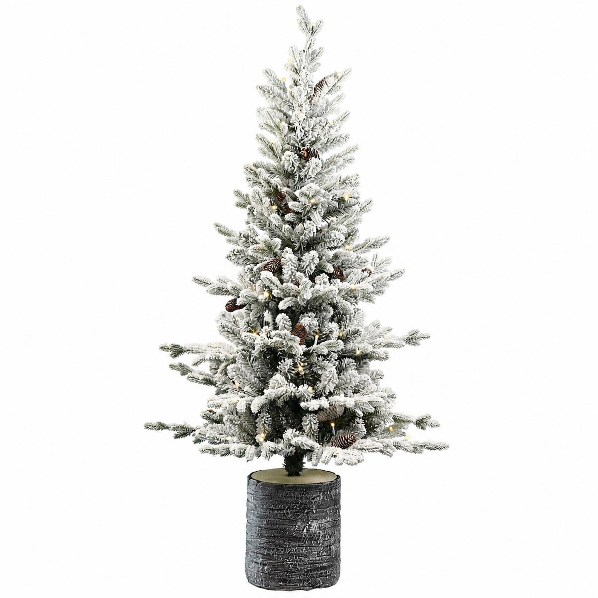 Front. RYHNUYNE - 2FT Mini Flocked Pre-Lit Christmas Tree, 30 Warm White LED Lights 189 Tips PE+PVC 3 Pine Cones Pot Base Tabletop - White+Green.