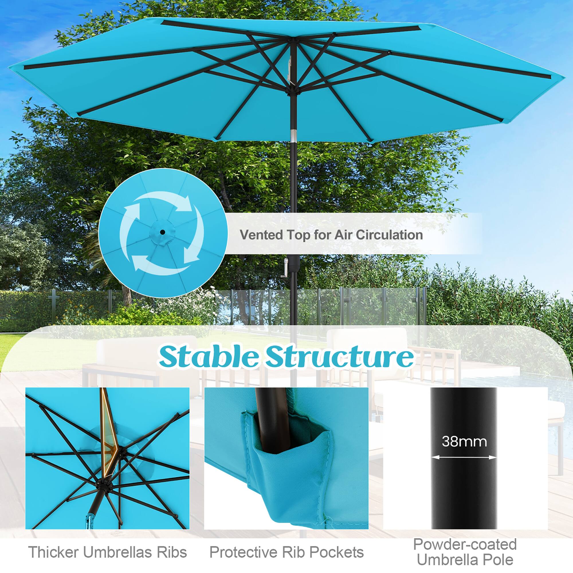 Vented Top for Air Circulation, Stable Structure, Thicker Umbrellas Ribs, Protective Rib Pockets, Powder-coated Umbrella Pole