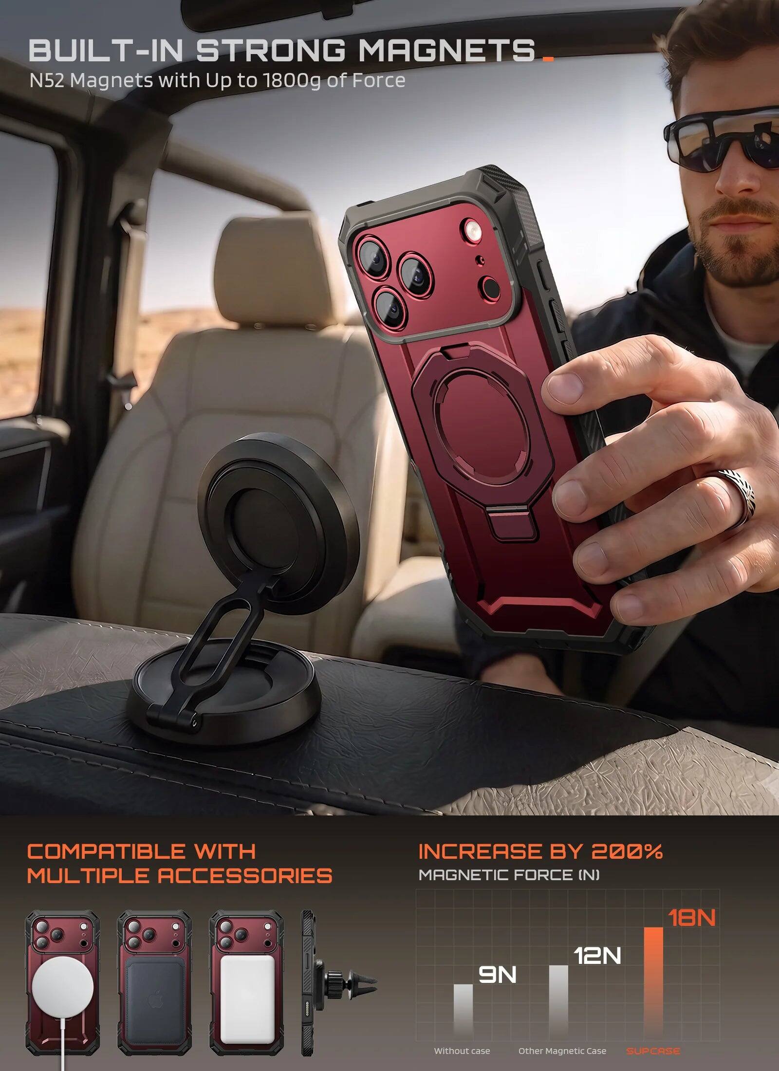 BUILT-IN STRONG MAGNETS  
N52 Magnets with Up to 1800g of Force

COMPATIBLE WITH MULTIPLE ACCESSORIES

INCREASE BY 200%  
MAGNETIC FORCE (N)  
18N  
12N  
9N  
Without Case  
Other Magnetic Case  
SUPCASE