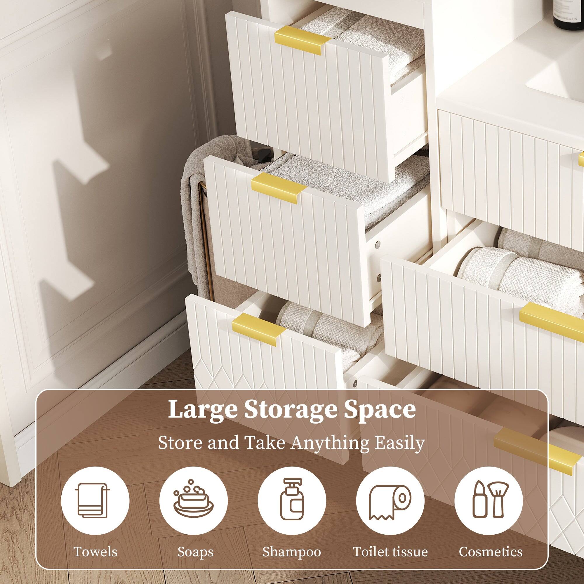 Large Storage Space  
Store and Take Anything Easily  
Towels  
Soaps  
Shampoo  
Toilet tissue  
Cosmetics