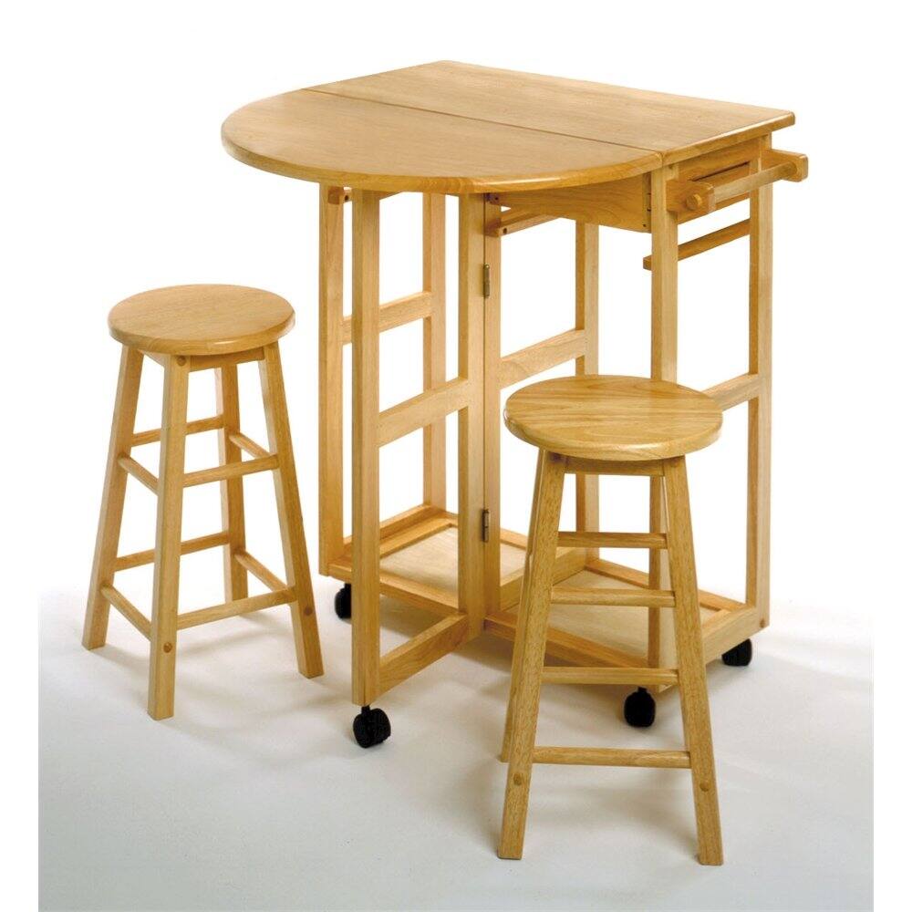 Angle. FurniFact - 3-Pc Solid Wood Space Saver Dining Set with Drop Leaf Table - Natural.