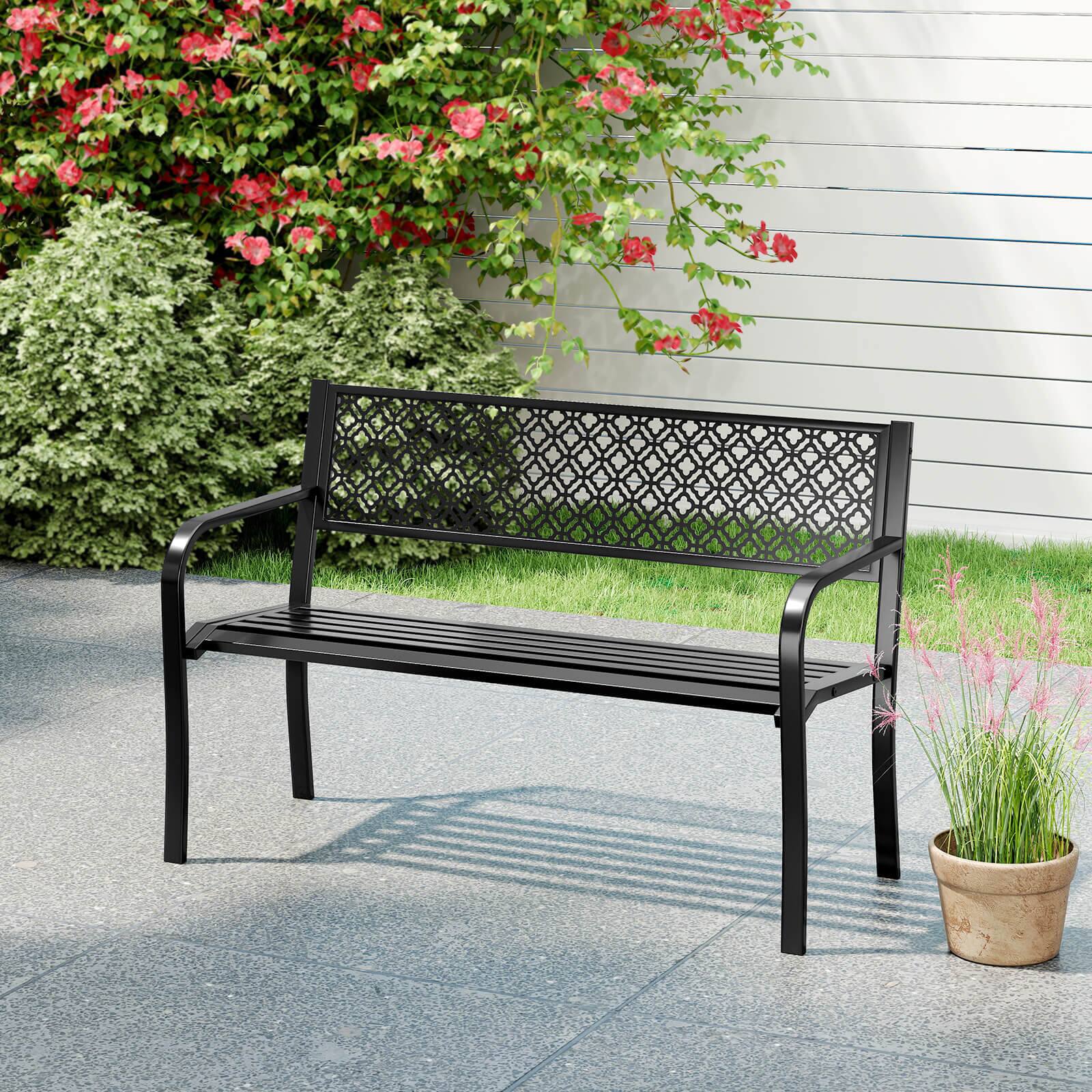 Alt View 4. Costway - Costway 50" Outdoor Garden Bench with Geometric Lattice Backrest Armrests and Slatted Seat - Black.