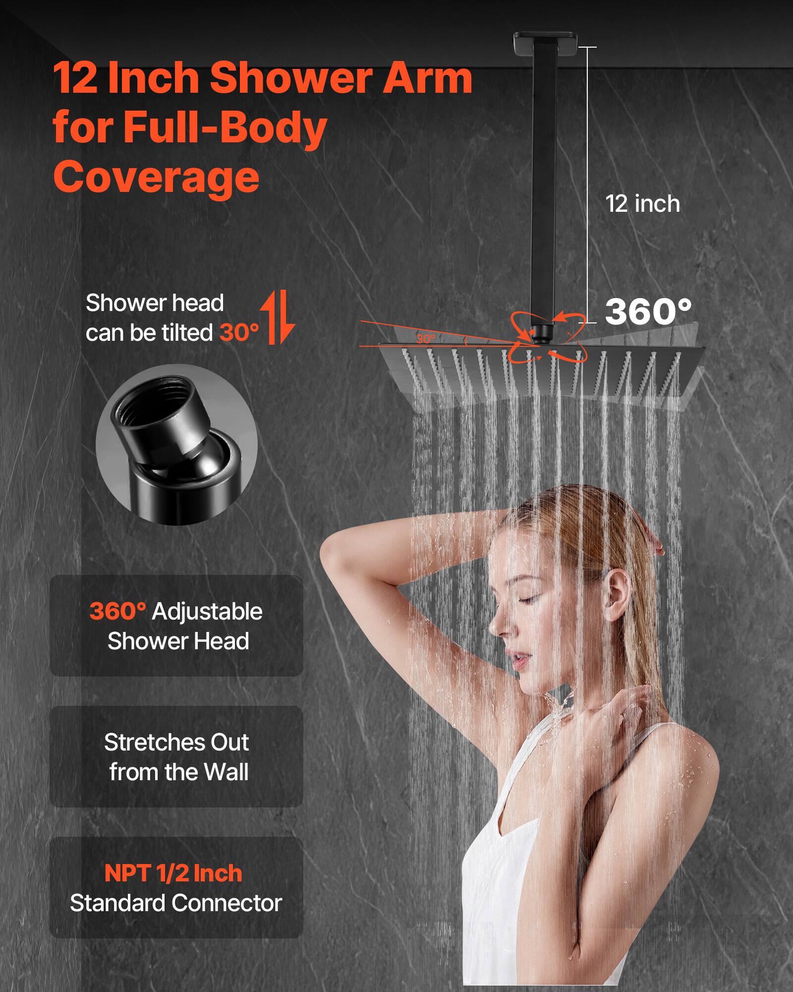 12 Inch Shower Arm for Full-Body Coverage, 12 inch Shower head can be tilted 30°, 360° Adjustable Shower Head, Stretches Out from the Wall, NPT 1/2 Inch Standard Connector