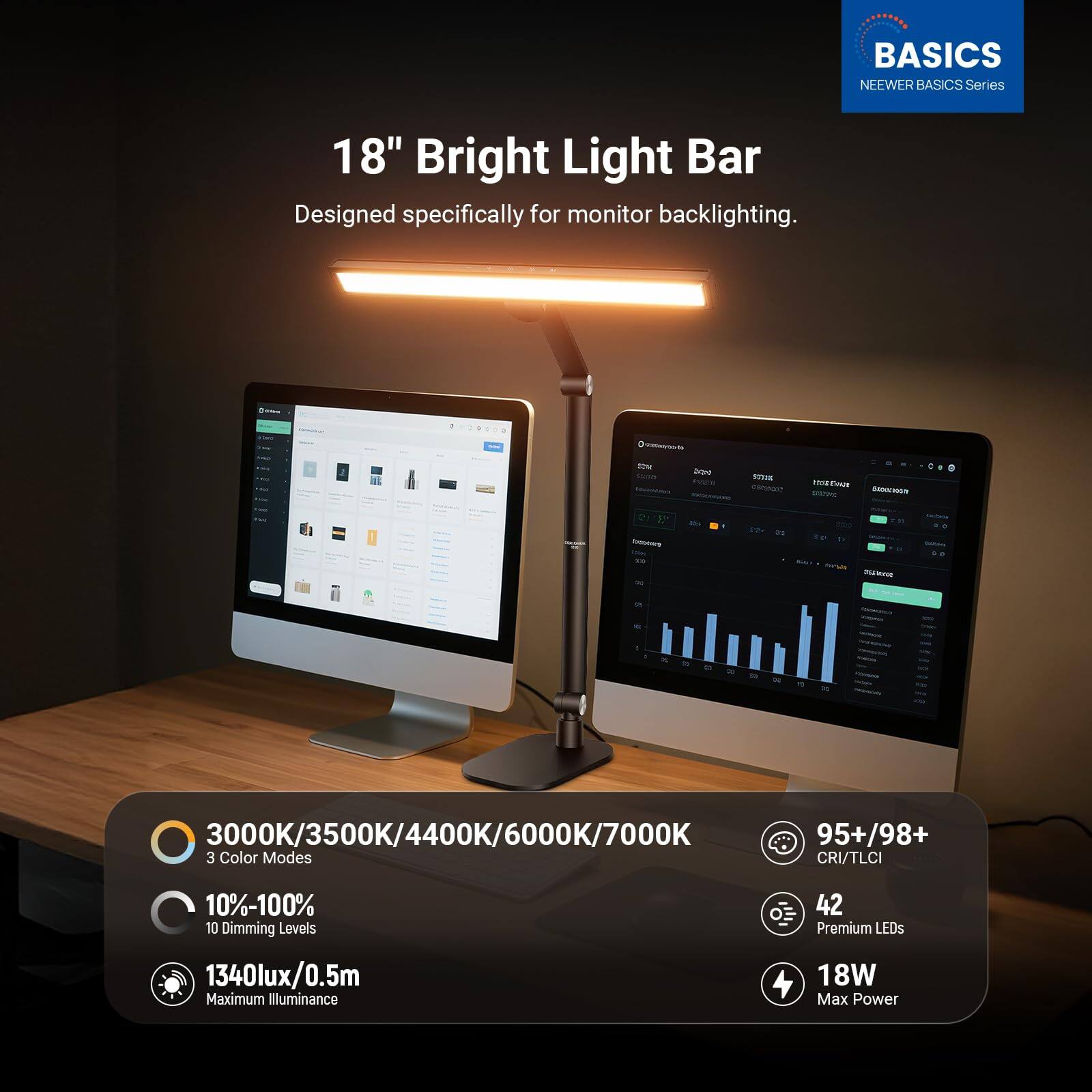 BASICS NEEWER BASICS Series 18" Bright Light Bar  
Designed specifically for monitor backlighting.  

- 3000K/3500K/4400K/6000K/7000K  
- 3 Color Modes  
- 10%-100% Dimming Levels (10 Dimming Levels)  
- 42 Premium LEDs  
- 1340lux/0.5m Maximum Illuminance  
- 18W Max Power  
- CRI/TLCI 95+/98+