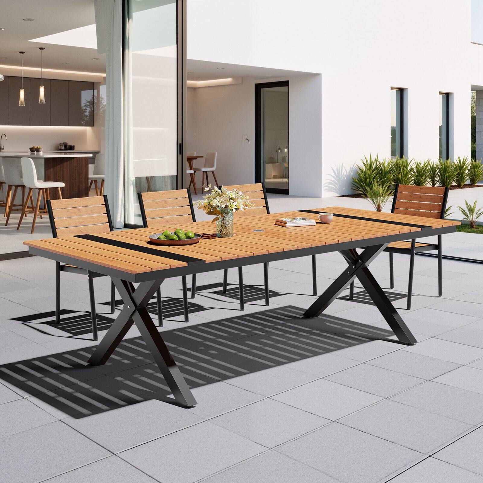 Alt View 5. Crestlive Products - Crestlive Products Outdoor Aluminum Patio Dining Table with Umbrella Hole Waterproof Wood-Like Tabletop - Brown.