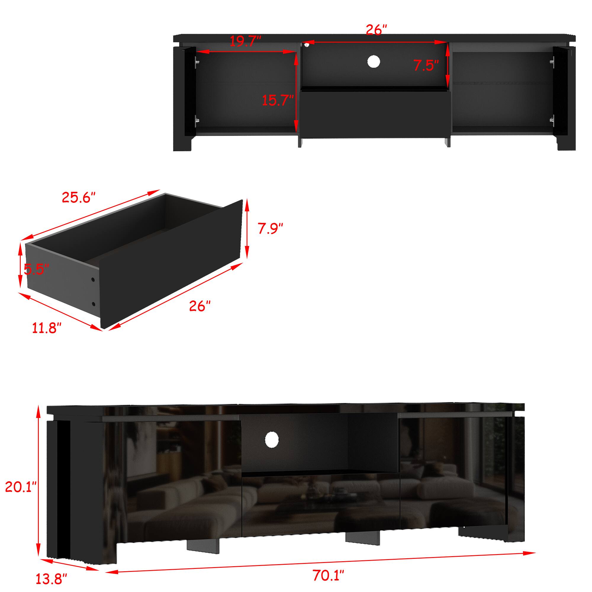 The text on the image is grouped as follows:

- Top left: 19.7", 15.7", 26", 7.5"
- Top middle: 25.6", 7.9", 5.5", 11.8"
- Bottom: 20.1", 13.8", 70.1"