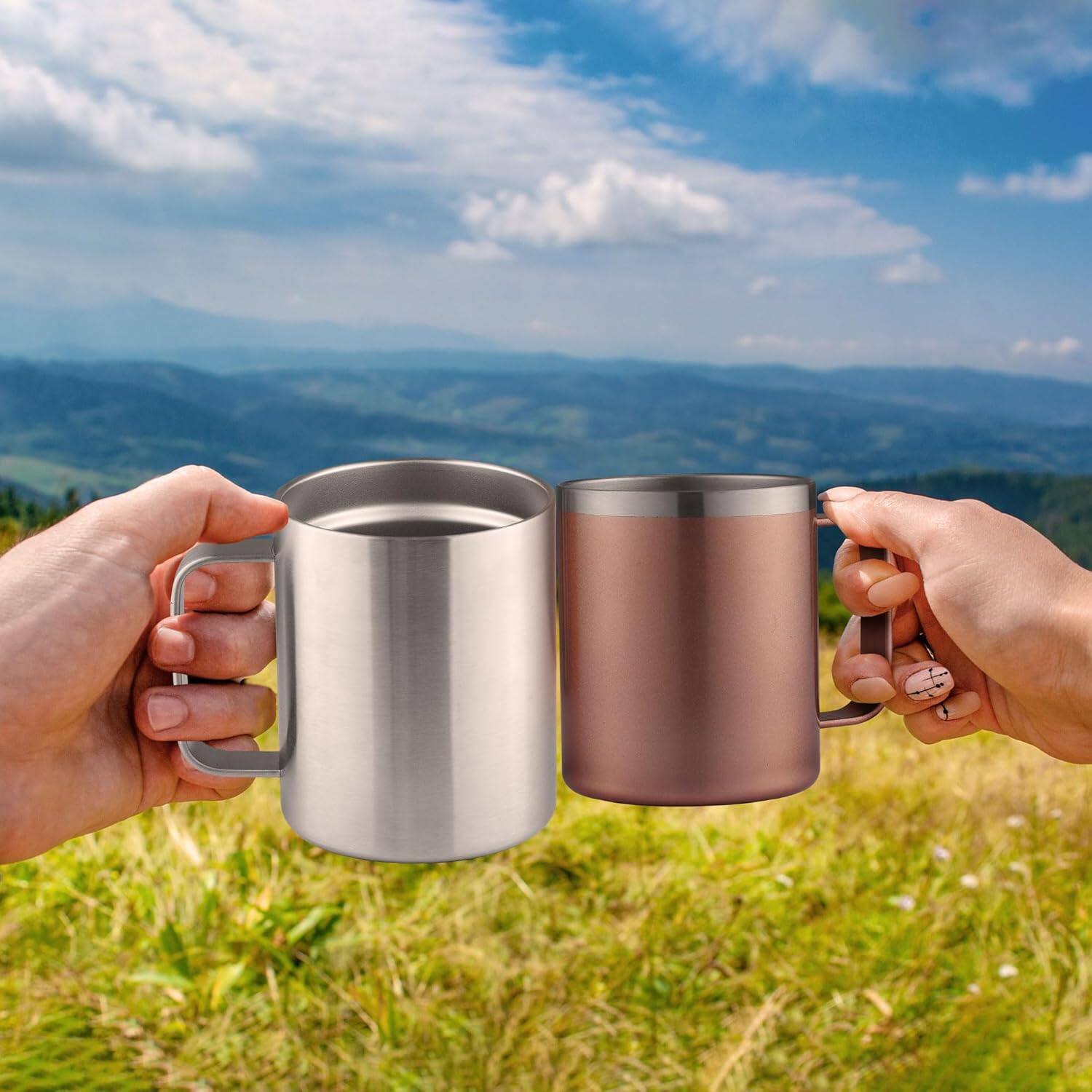 Left. Zulay Kitchen - Zulay Kitchen 12oz Insulated Coffee Mug with Lid - Stainless Steel Camping Mug Tumbler with Handle - Rose Gold.