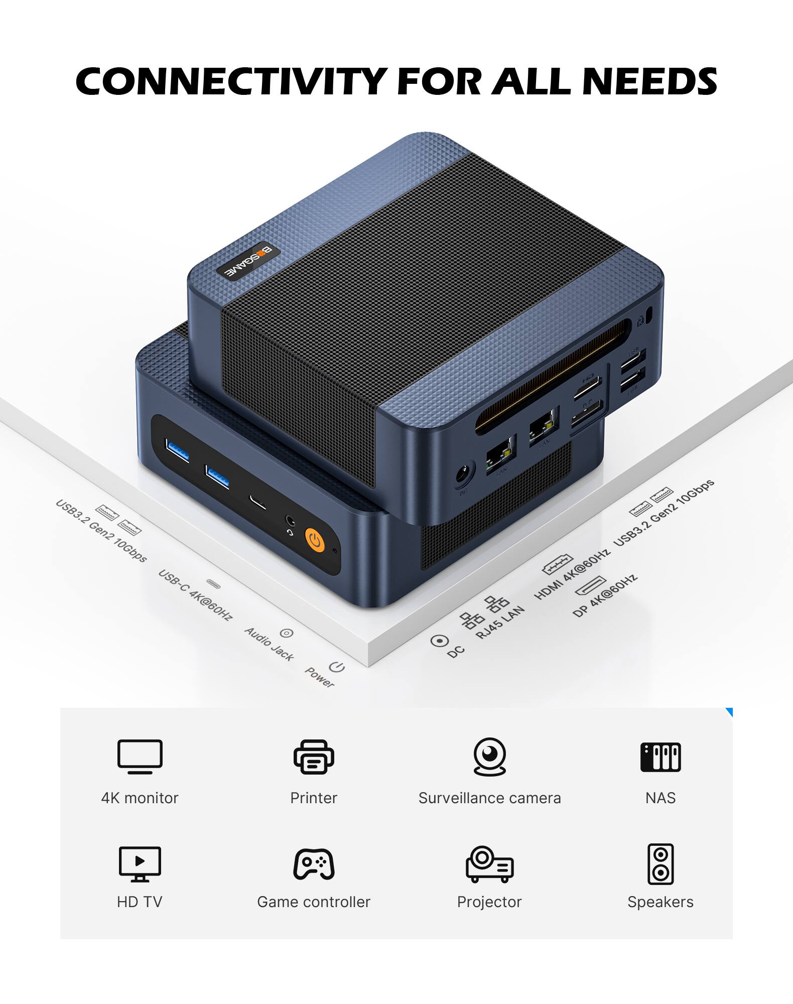 CONNECTIVITY FOR ALL NEEDS

SGAME

USB3.2 Gen2 10Gbps USB-C 4K@60Hz Audio Jack Power

10Gbps Gen2 USB3.2 4K@60Hz HDMI DP 4K@60Hz LAN RJ45 DC

4K monitor
Printer
Surveillance camera
NAS
HD TV
Game controller
Projector
Speakers