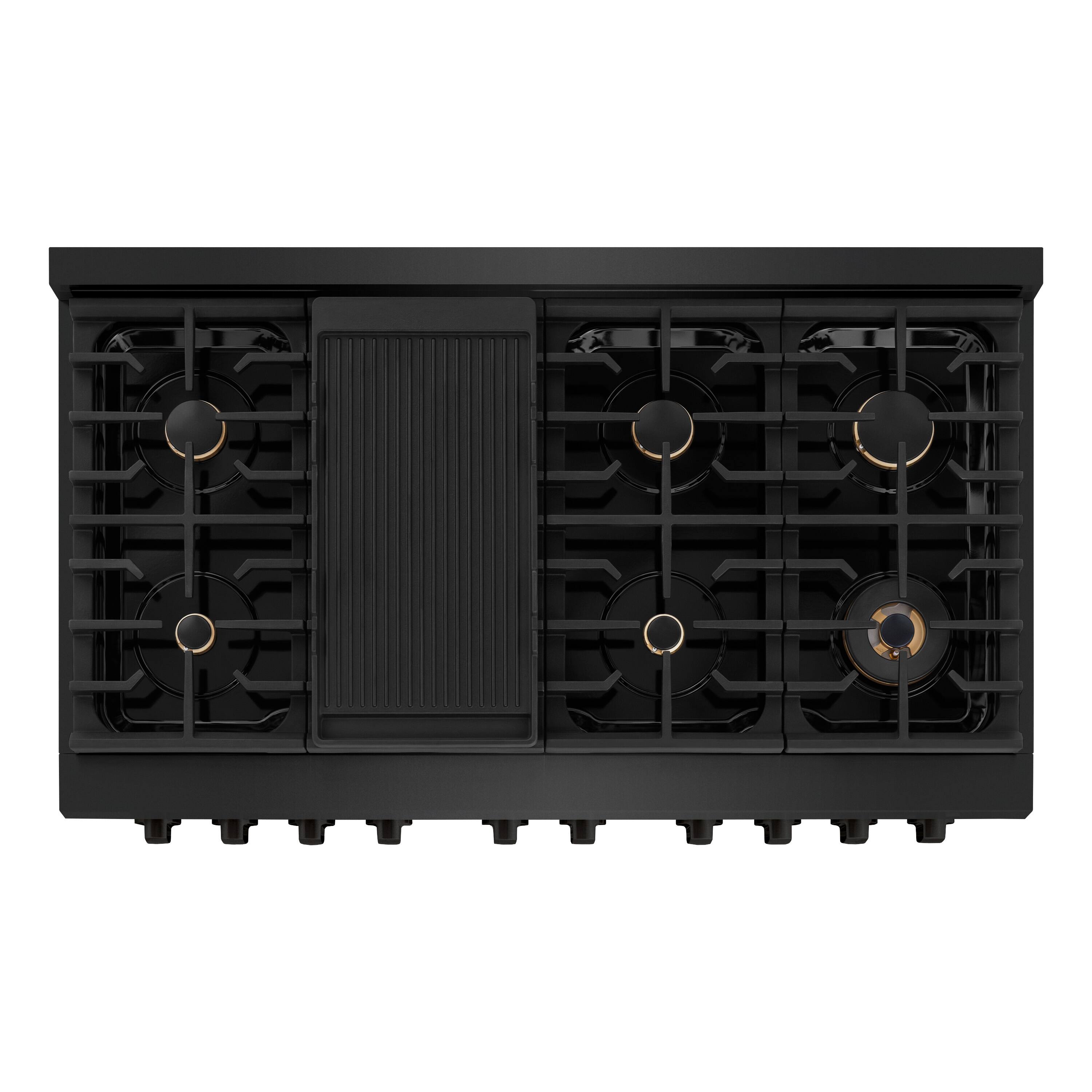 Back. ZLINE - 48" Paramount Double Oven Gas Range in Black Stainless w/ 8 Brass Burners (SGRB-BR-48) - Black Stainless Steel.