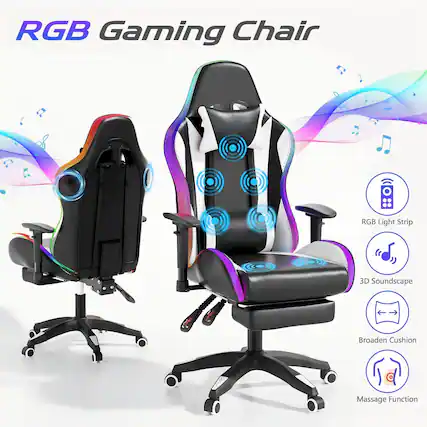 RGB Gaming Chair
- RGB Light Strip
- 3D Soundscape
- Broaden Cushion
- Massage Function
