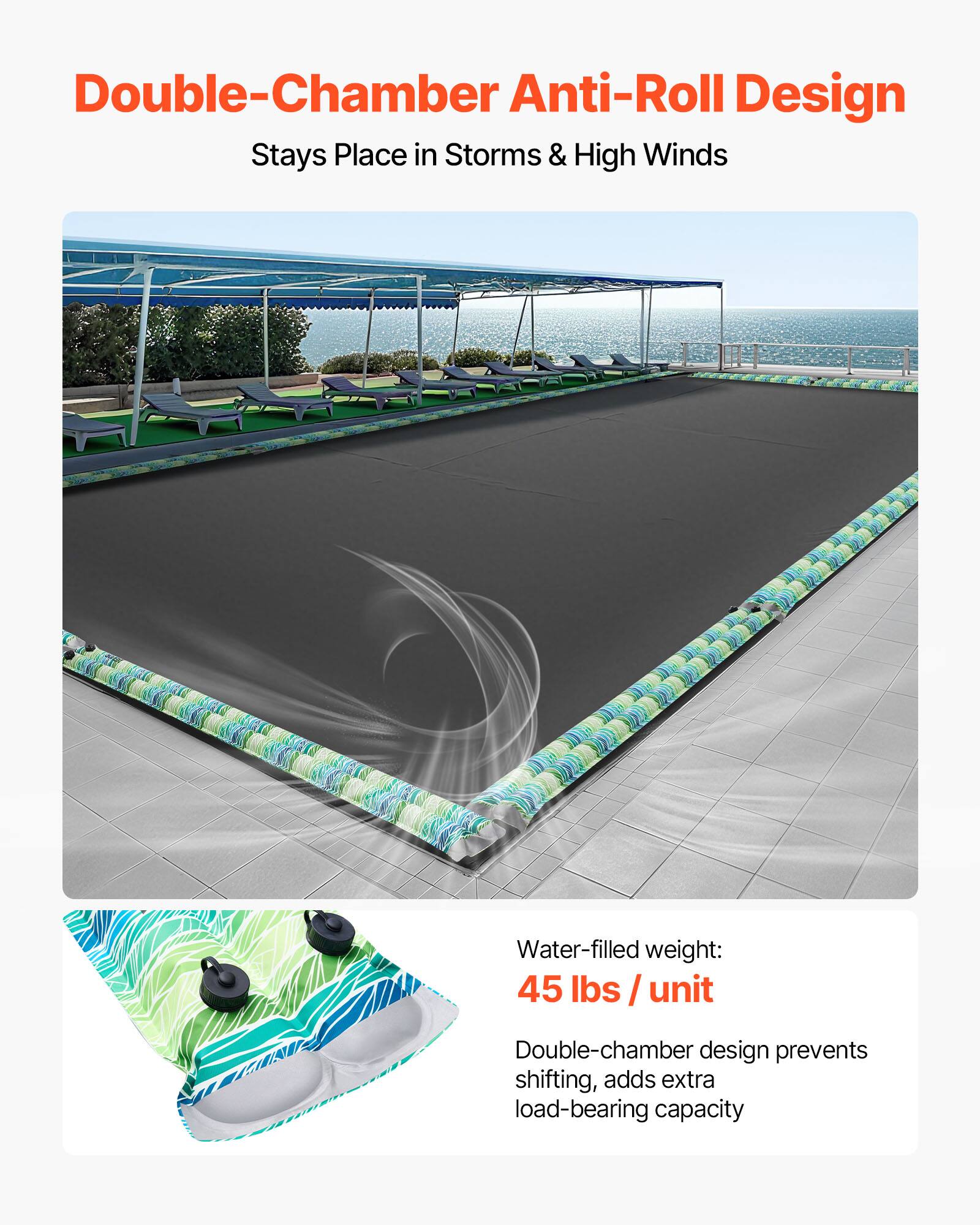 Double-Chamber Anti-Roll Design  
Stays Place in Storms & High Winds  

Water-filled weight:  
45 lbs / unit  

Double-chamber design prevents shifting, adds extra load-bearing capacity