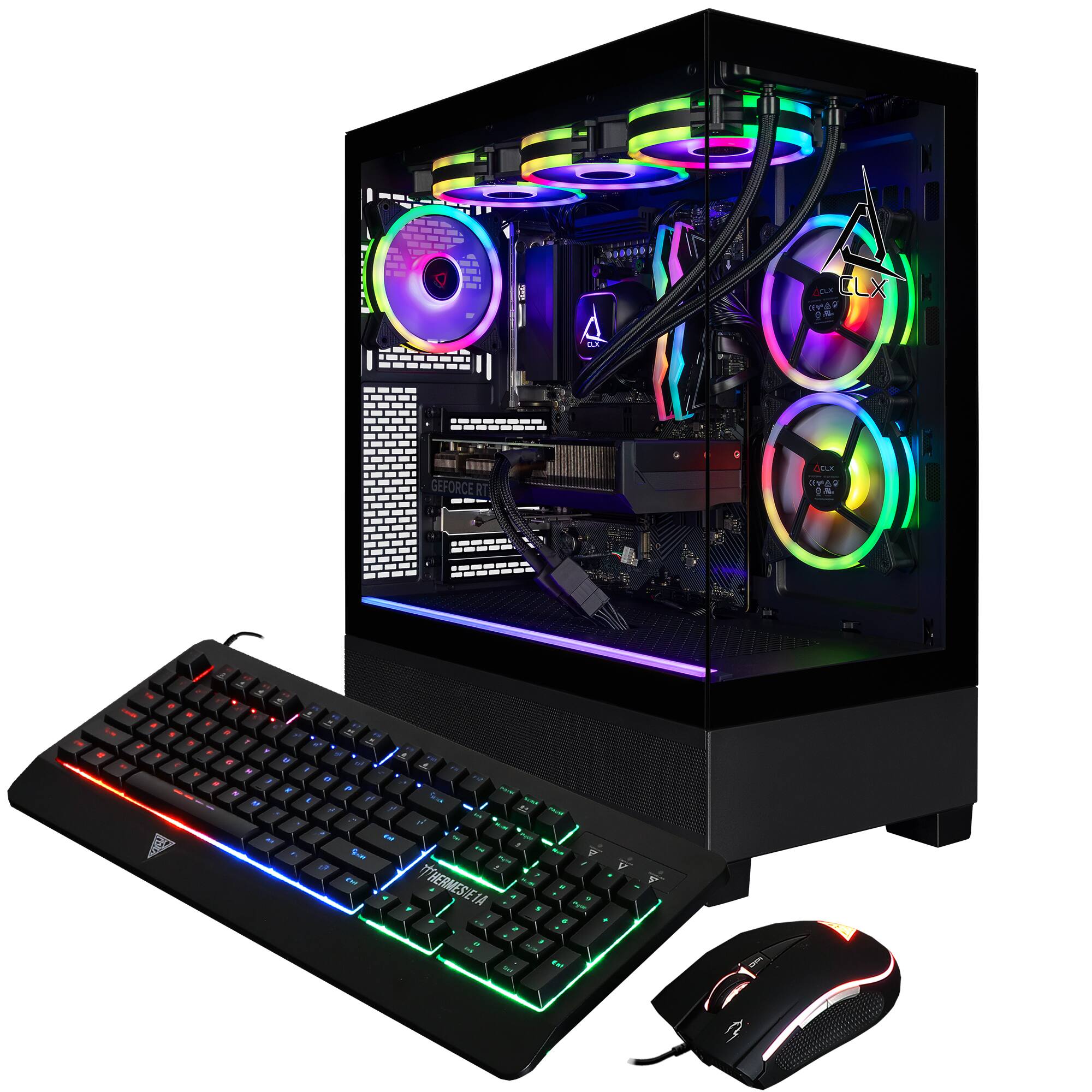 The image features a computer with a keyboard and mouse placed next to it. The keyboard is black and has a colorful design, while the mouse is also black. The computer is a gaming system with a colorful case and a neon light inside. The case has a rainbow pattern, and the system is equipped with a GeForce RTX 2080 Ti graphics card, making it a powerful gaming machine.