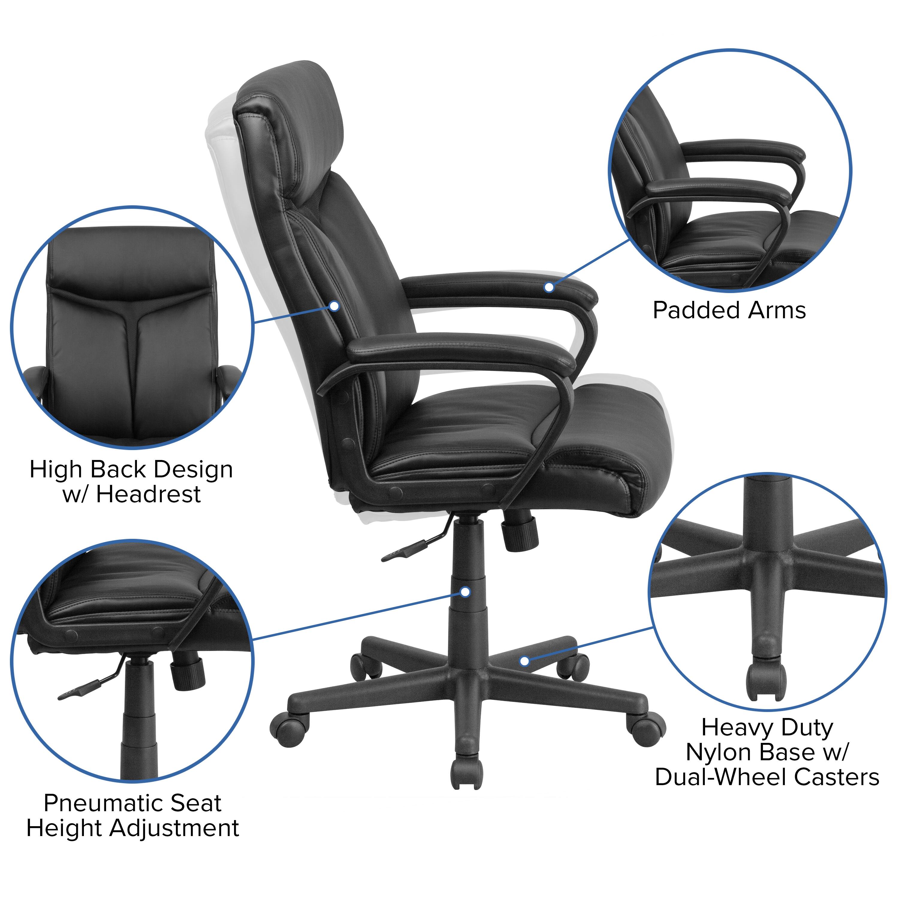 - Padded Arms
- High Back Design w/ Headrest
- Pneumatic Seat Height Adjustment
- Heavy Duty Nylon Base w/ Dual-Wheel Casters