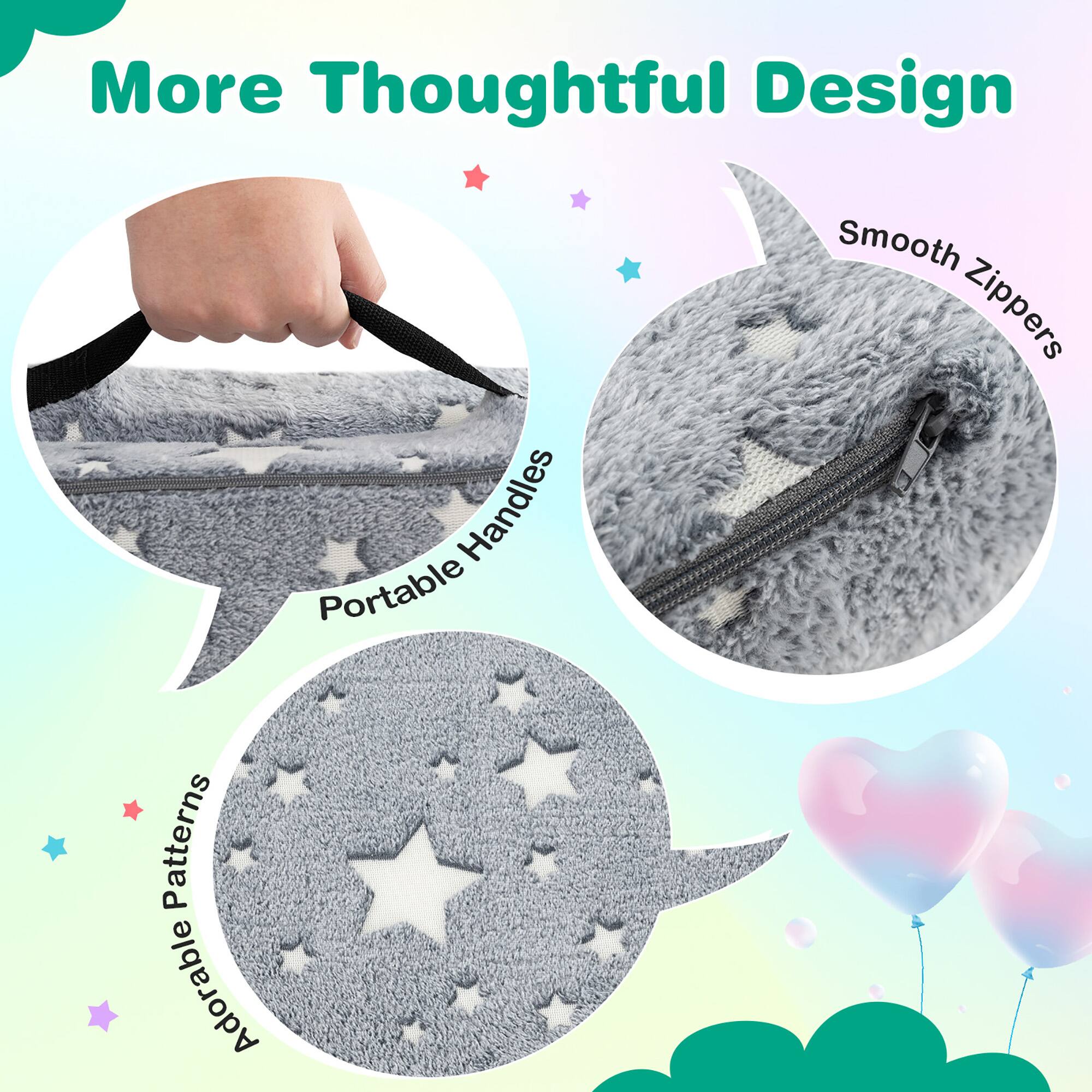 More Thoughtful Design

- Portable Handles
- Smooth Zippers
- Adorable Patterns