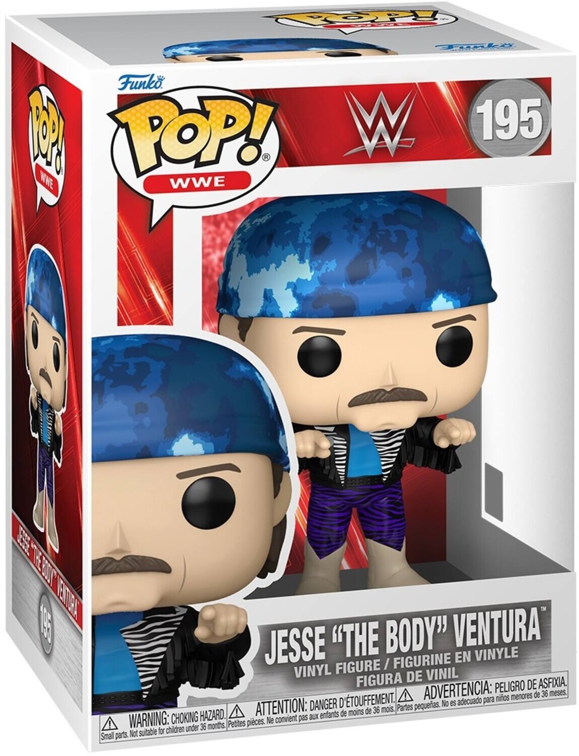 Funko POP! WWE  
195  
Jesse "The Body" Ventura  
Vinyl Figure / Figurine en Vinyle / Figura de Vinil  
Warning: Choking Hazard. Small parts. Not suitable for children under 36 months.  
Attention: Danger d'étouffement. Ne convient pas aux enfants de moins de 36 mois.  
Advertencia: Peligro de asfixia. No es adecuado para niños menores de 36 meses.