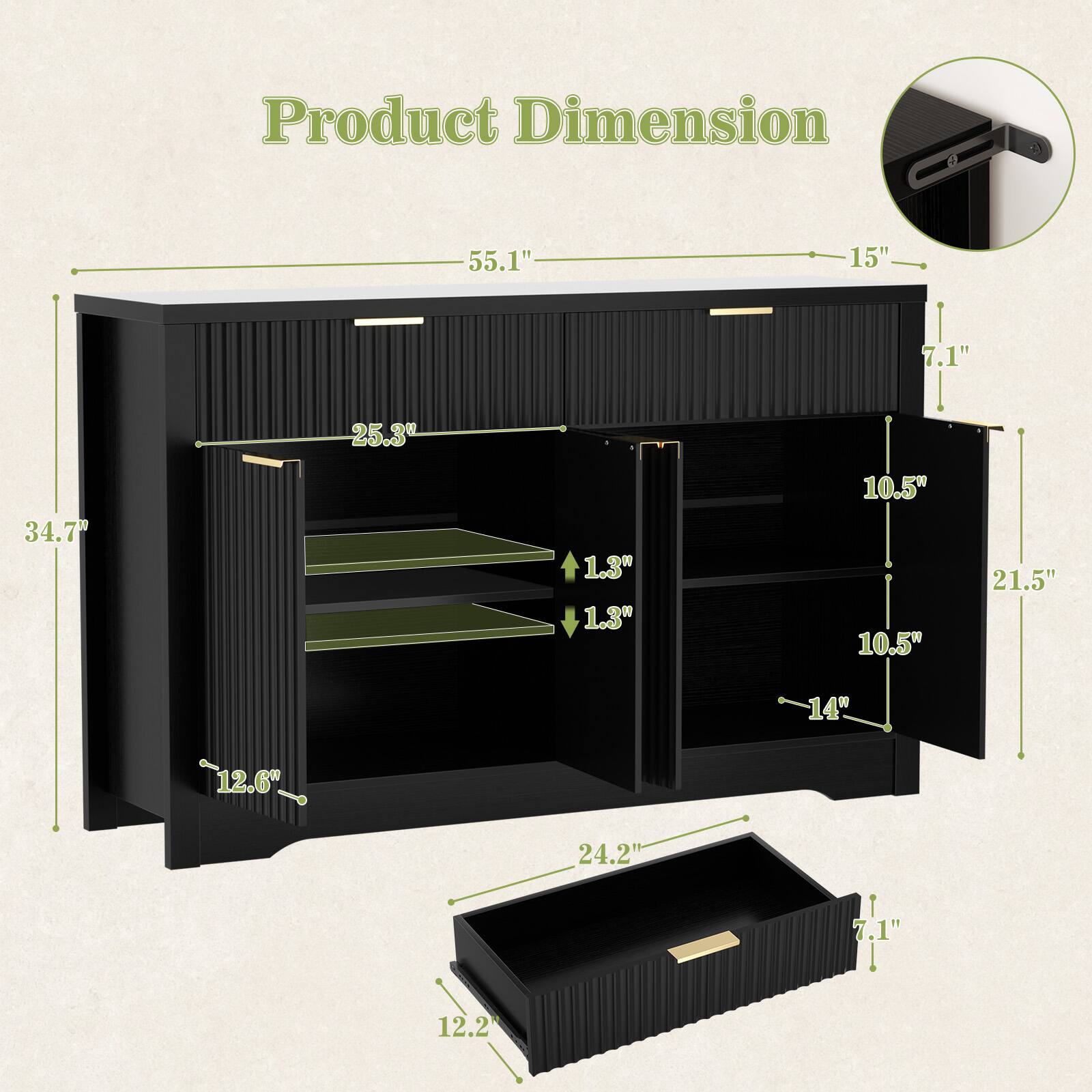 Product Dimension: 55.1" x 15" x 7.1" x 25.3" x 34.7" x 1.3" x 1.3" x 10.5" x 10.5" x 21.5" x 14" x 12.6" x 24.2" x 7.1" x 12.2"