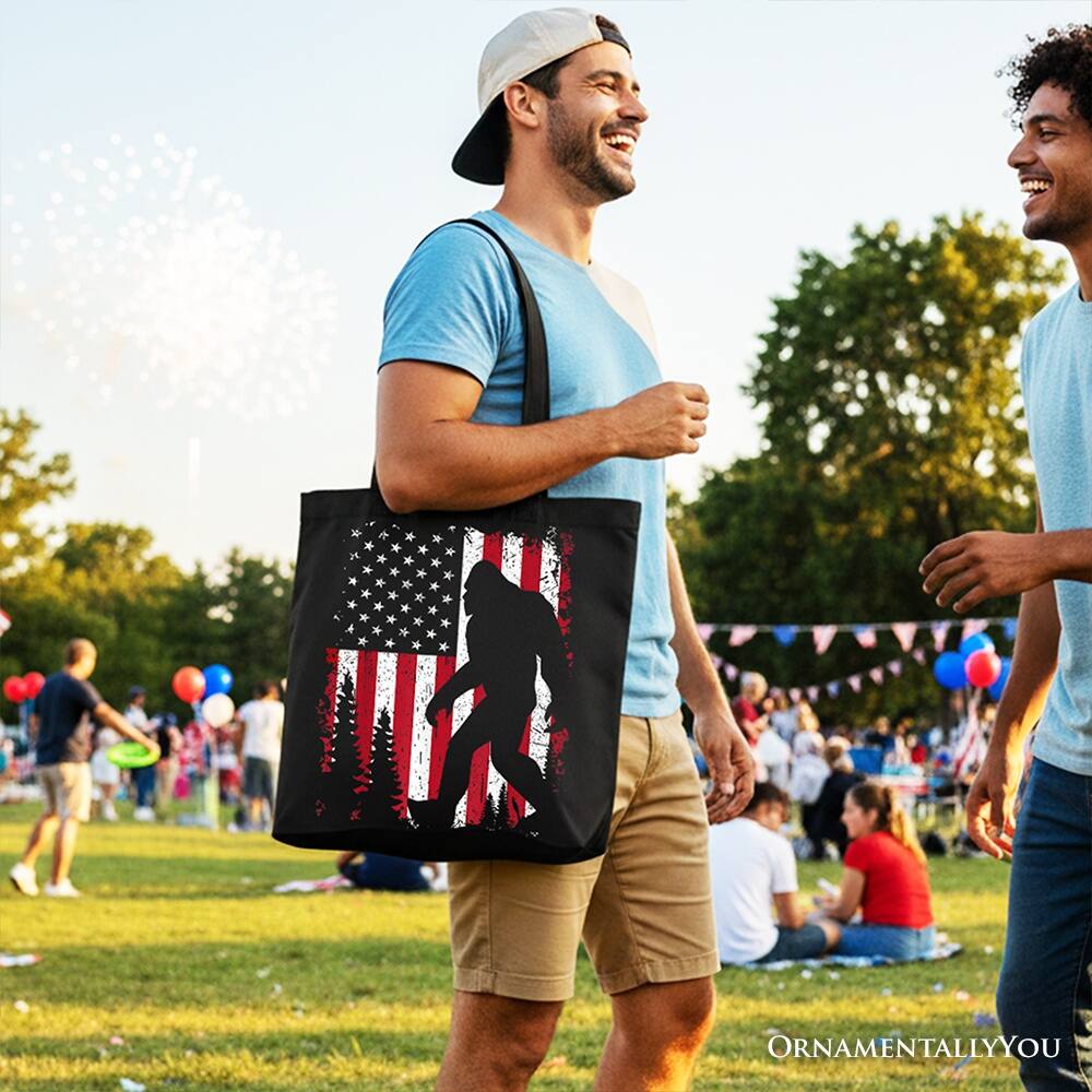 Back. OrnamentallyYou - Bigfoot American Flag Canvas Tote Bag, Patriotic Sasquatch Gift Shopper - Black.