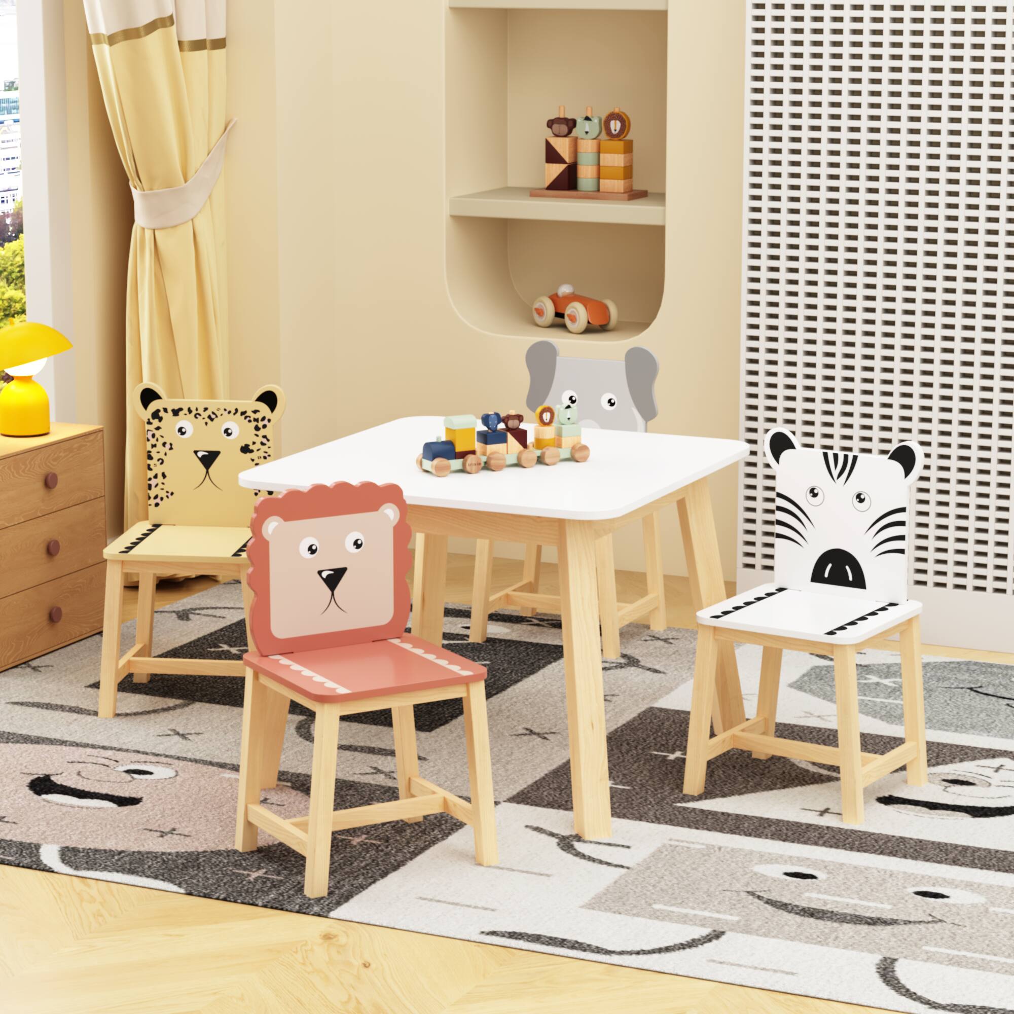 Left. Tiramisubest - 5 Piece Kiddy Table and Chair Set, Kids Wood Table with 4 Chairs Set Cartoon Animals (bigger table) (3-8 years old) - White.