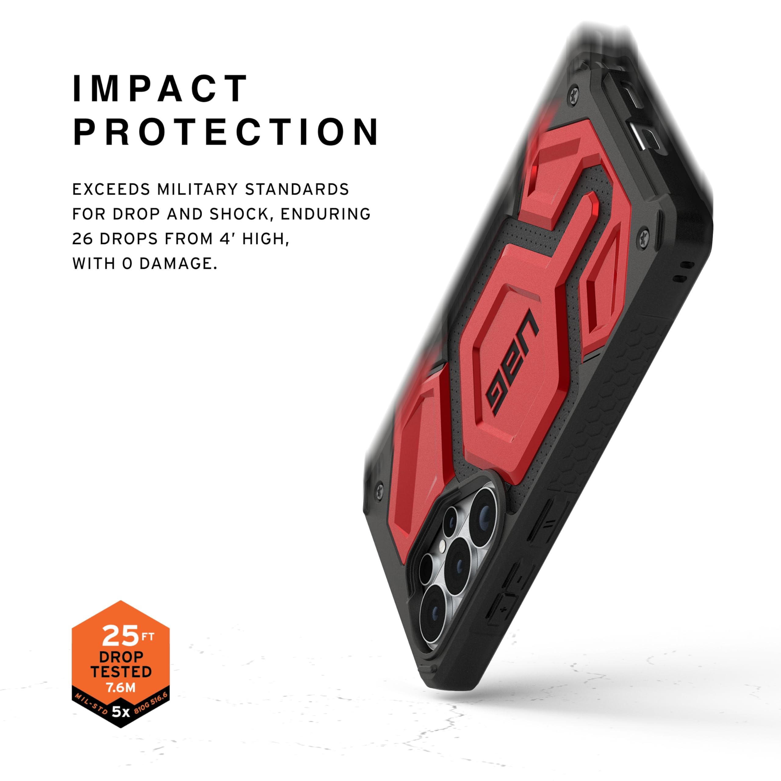 IMPACT PROTECTION

EXCEEDS MILITARY STANDARDS FOR DROP AND SHOCK, ENDURING 26 DROPS FROM 4' HIGH, WITH 0 DAMAGE.

UAG 3 25 FT DROP TESTED 7.6M

MIL-STD 810G 516.6