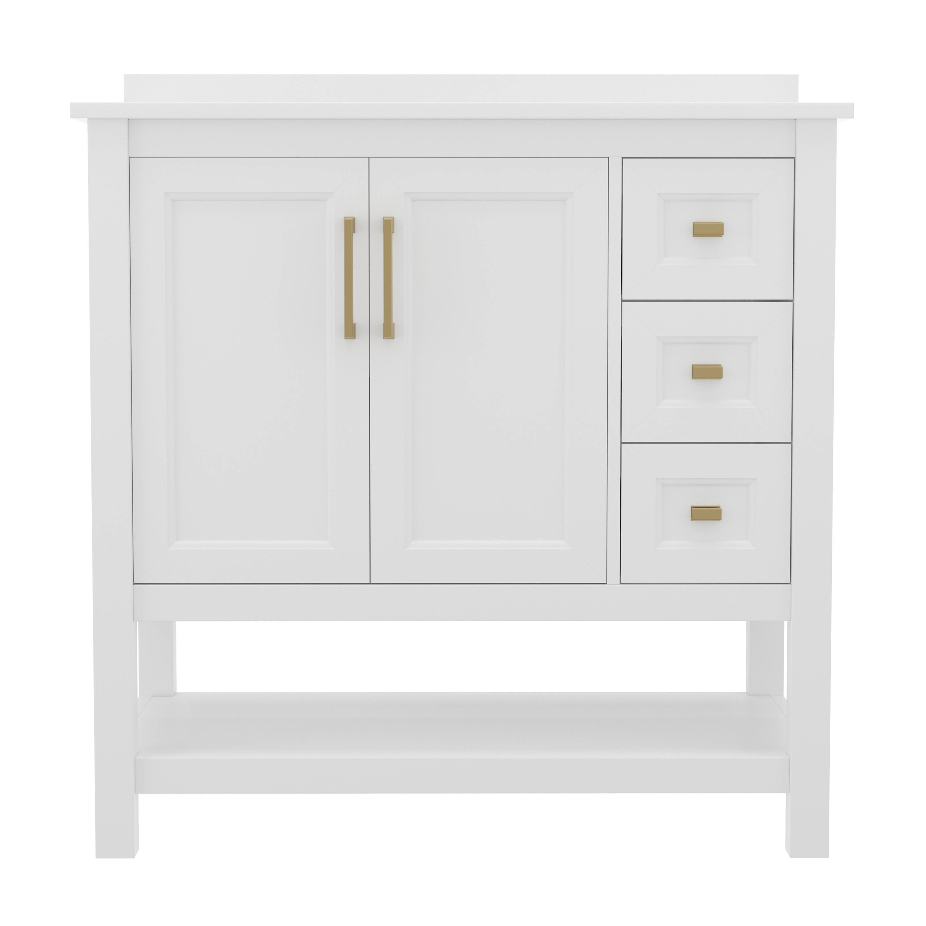 Angle. Flash Furniture - Vega 36 Inch Bathroom Vanity with Sink, Storage Cabinet with Soft Close Doors, Open Shelf and 3 Drawers, Carrara Marble - White.
