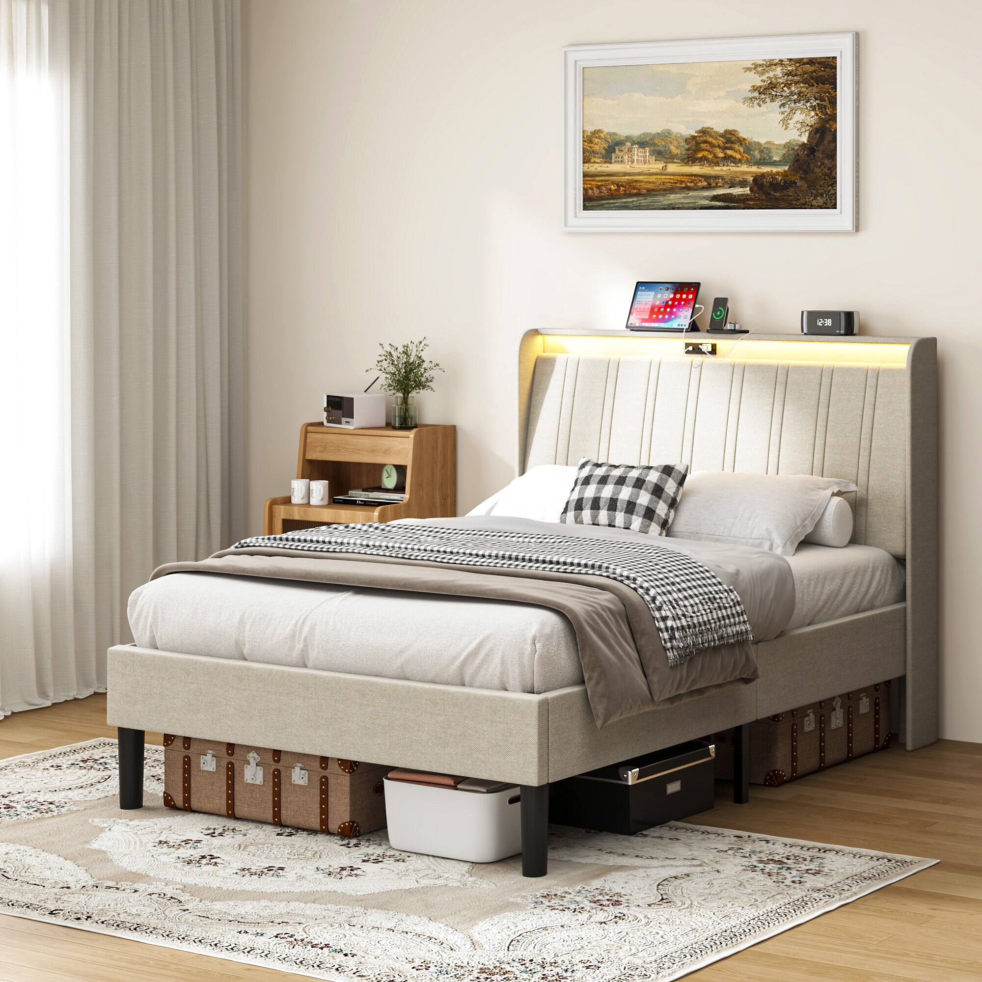 Front. APRILSOUL - Twin Size Platform Bed Frame with Fabric Upholstered Headboard and Wooden Slats Support - Beige.