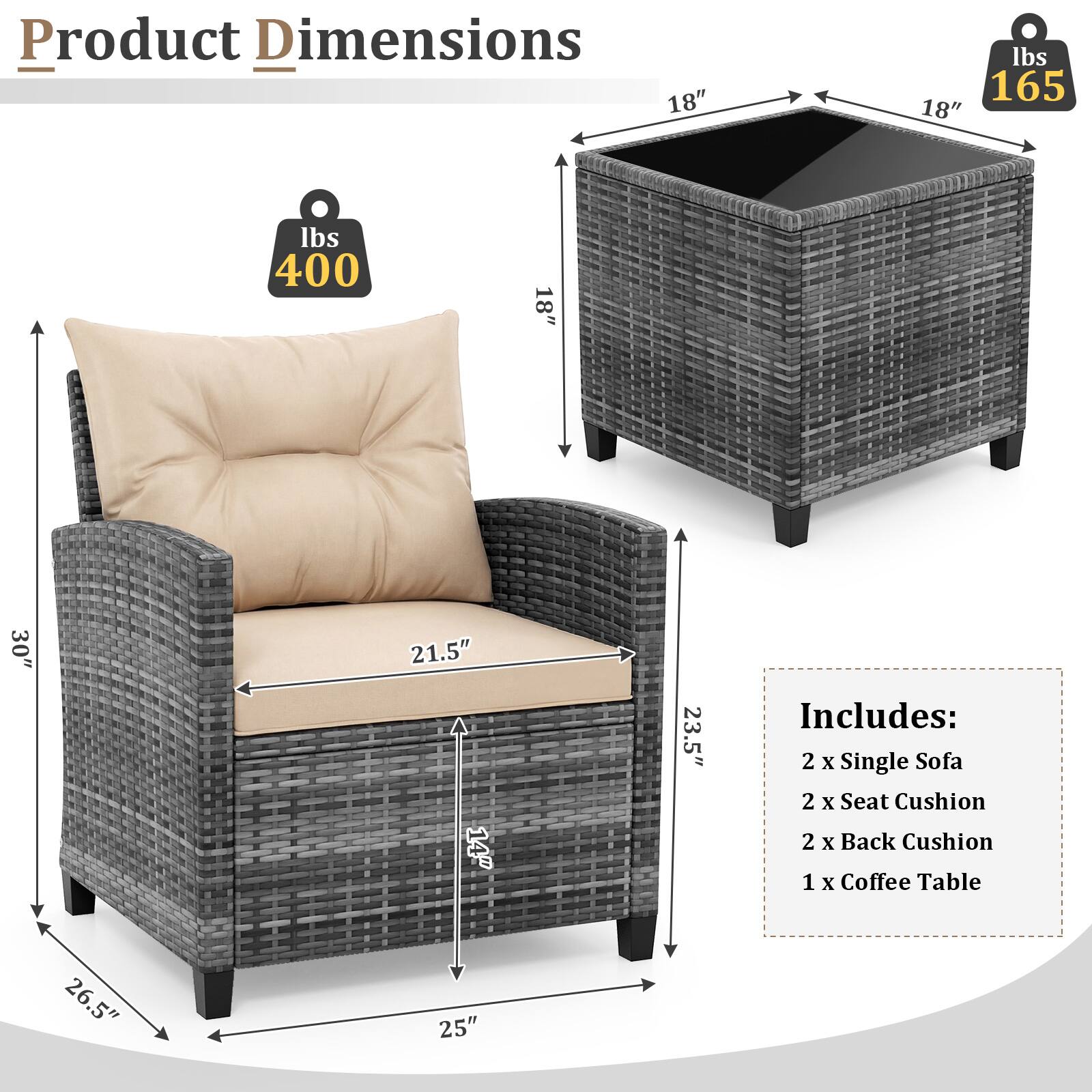Product Dimensions  
18" x 18" x 18"  
400 lbs  
18" x 30" x 21.5" x 14" x 23.5"  

Includes:  
2 x Single Sofa  
2 x Seat Cushion  
2 x Back Cushion  
1 x Coffee Table  
26.5" x 25"