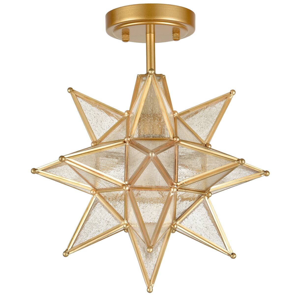 Alt View 1. MOOSE - Bagnoregio Moravian Star Semi-Flush Ceiling Light with 13-Inch Seeded Glass Shade - Gold.
