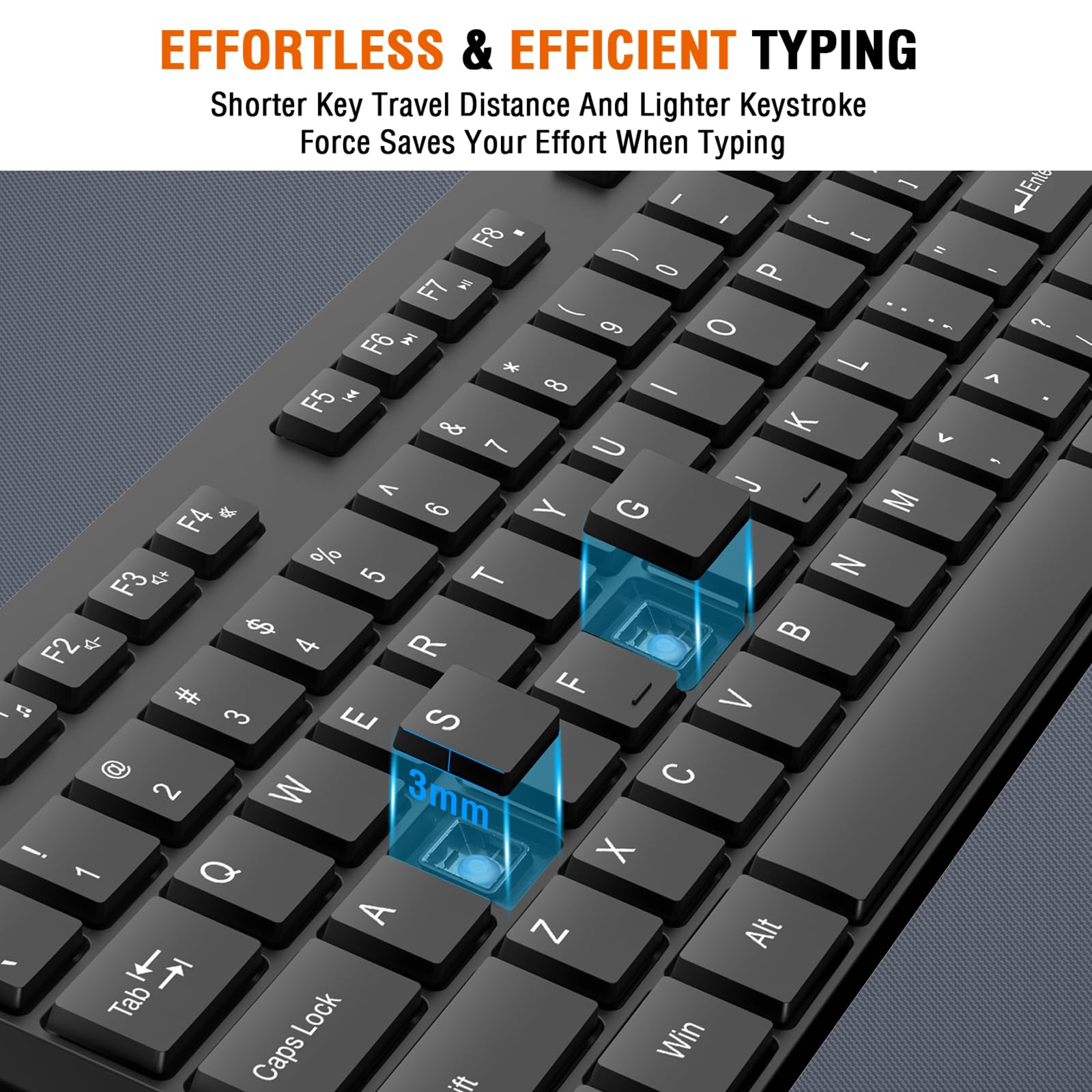 EFFORTLESS & EFFICIENT TYPING  
Shorter Key Travel Distance And Lighter Keystroke Force Saves Your Effort When Typing  

3mm