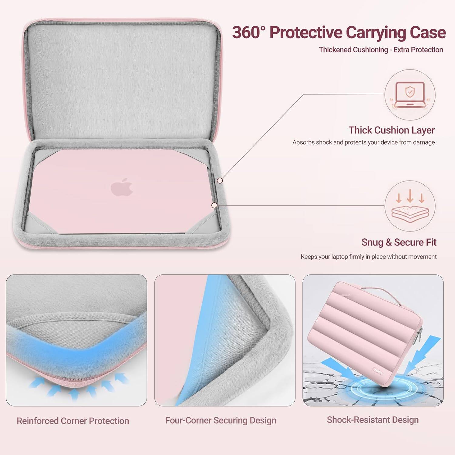 360° Protective Carrying Case  
Thickened Cushioning - Extra Protection

- Thick Cushion Layer  
  Absorbs shock and protects your device from damage

- Snug & Secure Fit  
  Keeps your laptop firmly in place without movement

- Reinforced Corner Protection

- Four-Corner Securing Design

- Shock-Resistant Design